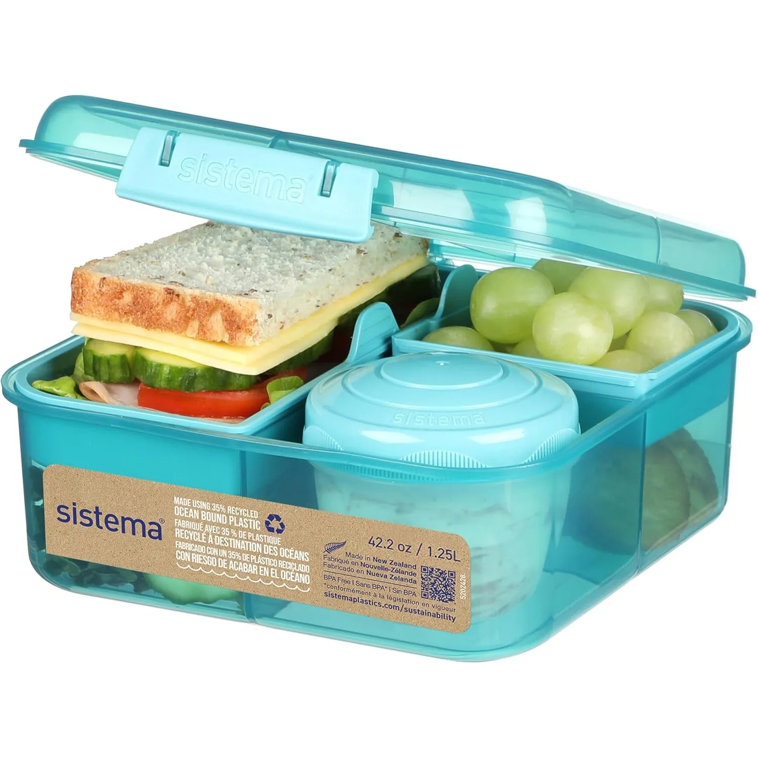 Sistema Bento Box Ocean Bound Plastic Brotdose mit Fächern | 1,25 L Lunchbox mit Joghurt-/Fruchtbehälter | Lunchbox Kin…