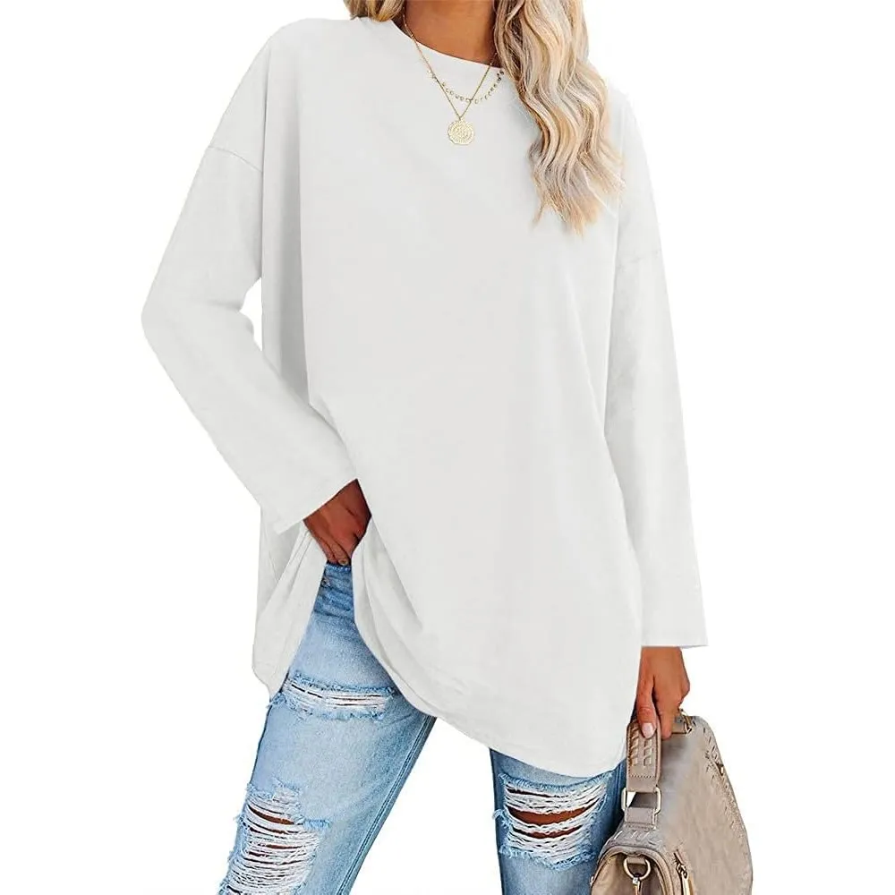 Ebifin Damen Langarmshirt Oversize Longshirt Rundhals