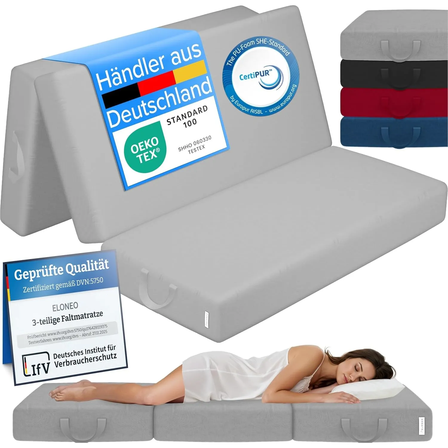 ELONEO Klappmatratze, Gästematratze, 3-teilige Faltmatratze, Schaumstoff extra dick (15cm), waschbar, Bandscheibenwürfe…