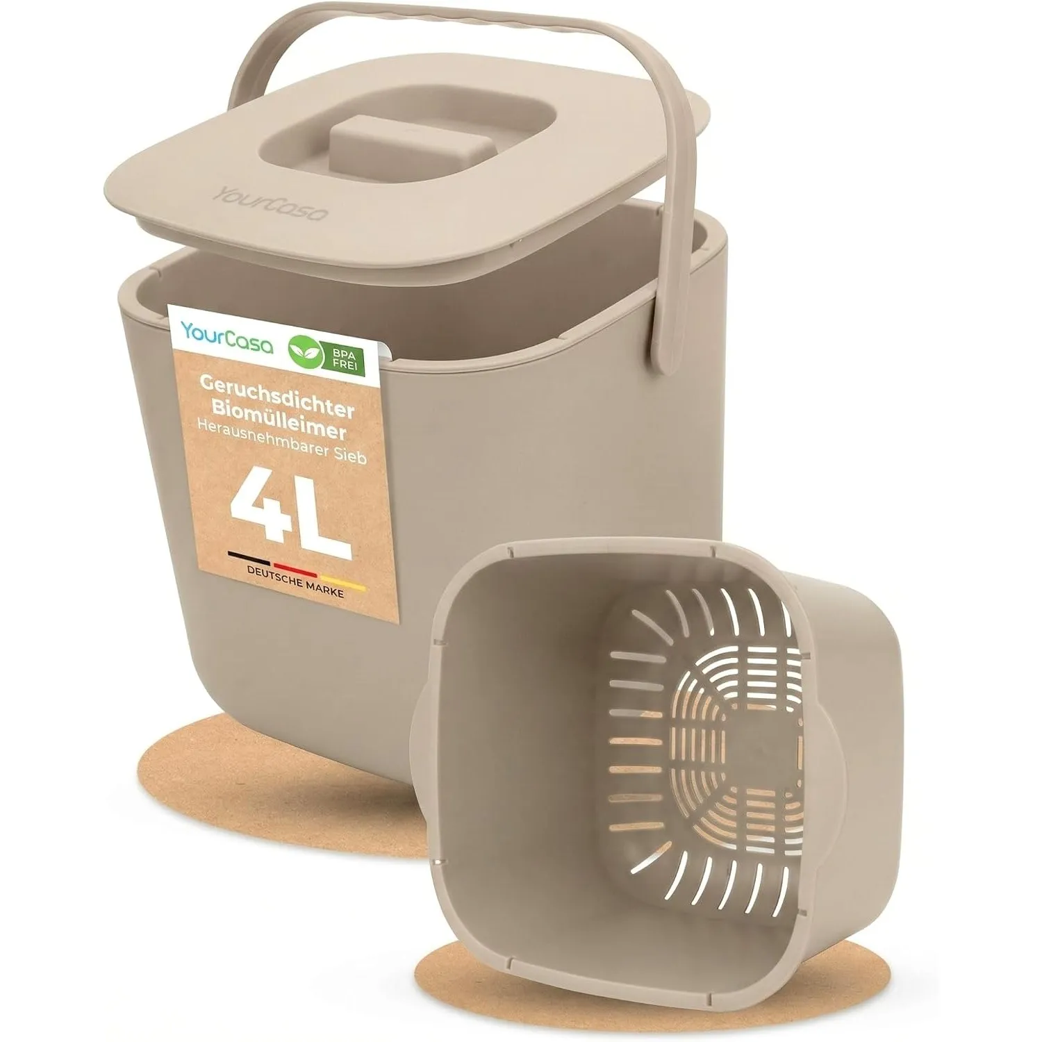 YourCasa Biomülleimer Küche 4L - Komposteimer mit herausnehmbarem Sieb & Deckel - geruchsdicht, spülmaschinenfest & ohn…