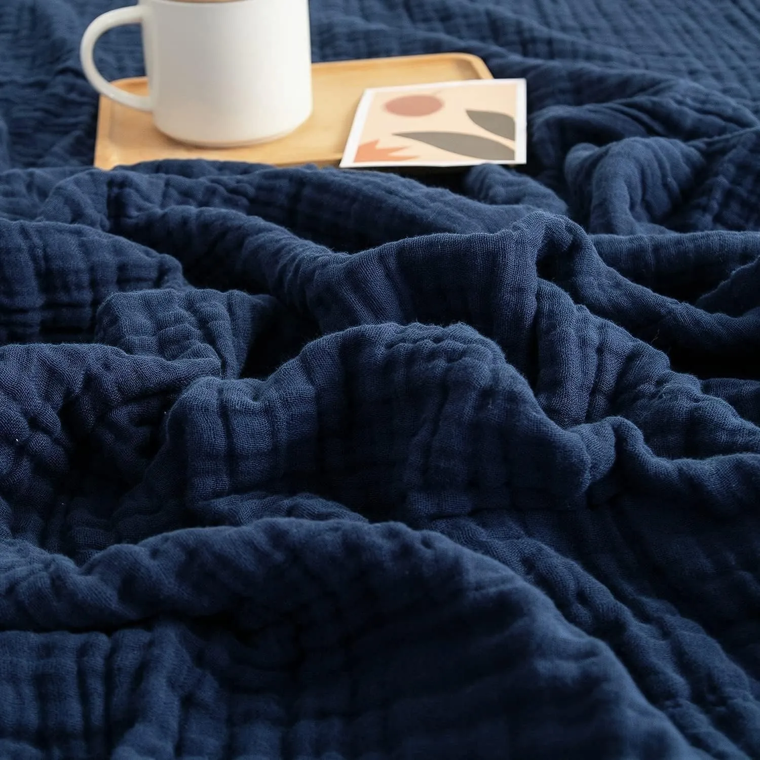EMME Musselin-Decke 230x230 Baumwolle Oeko-TEX Erwachsene Tagesdecke,Navy | Sommer-Überwurf Decken Für Bett Atmungsakti…