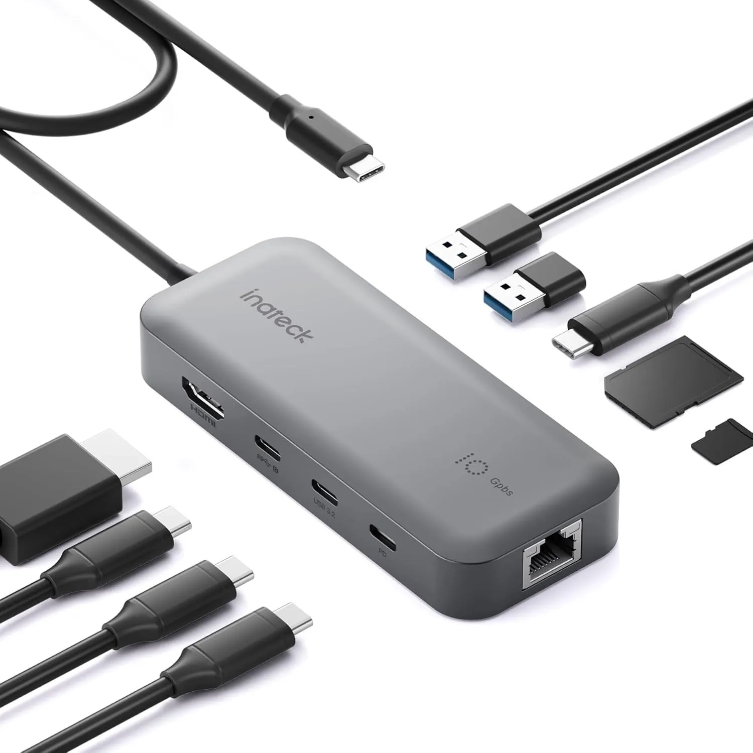 Inateck 10 in 1 USB C Hub, 4K 60Hz HDMI Docking Station, USB C Video＋Data, 100W PD, 10Gbps 2 USB 3.2 C, 2 USB 3.0 A, RJ…