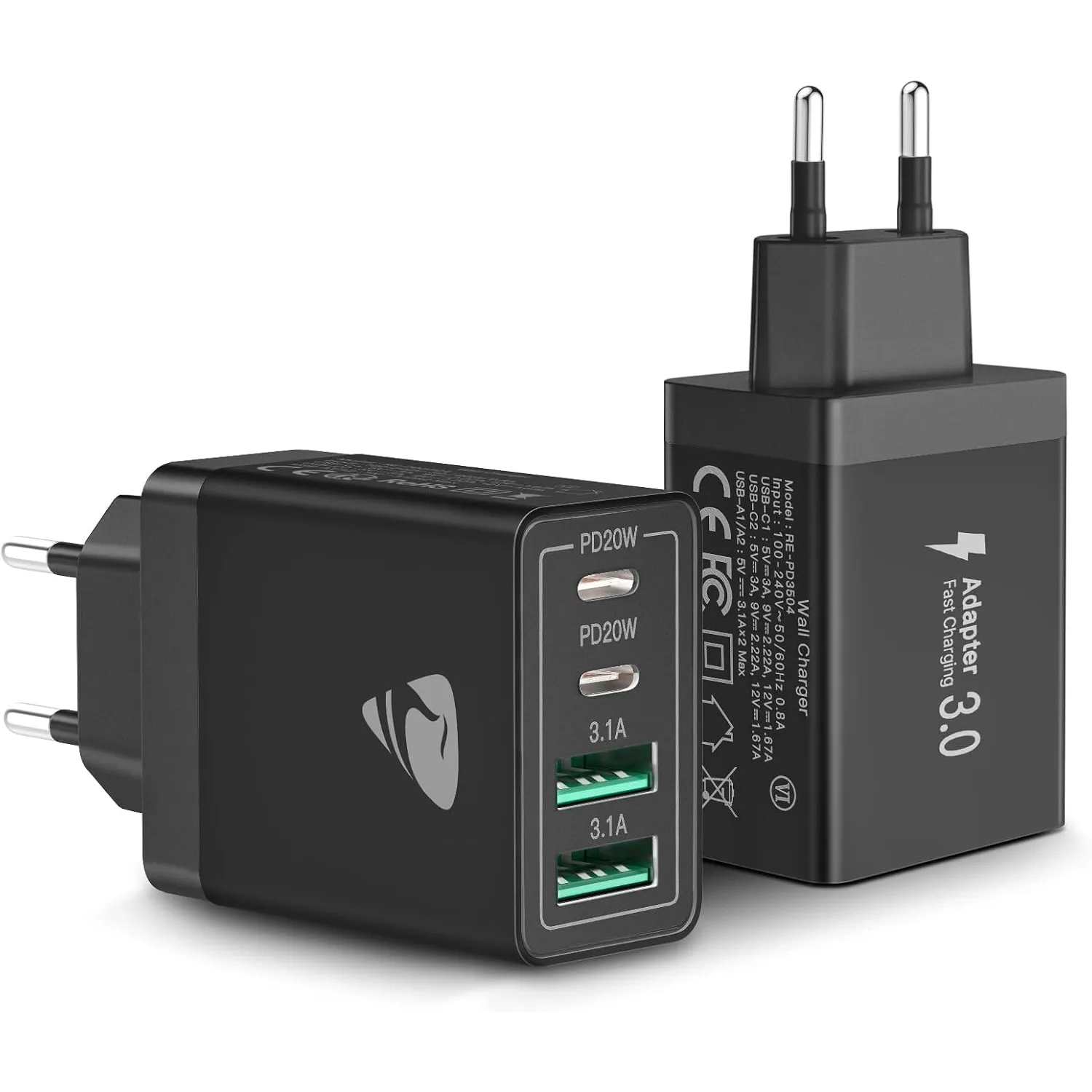 2-Pack USB C Ladegerät, 4-Port Adapter Mehrfach Ladegerät mit USB-C und USB-A, 40W Schnellladegerät PD 3.0 Charger Powe…