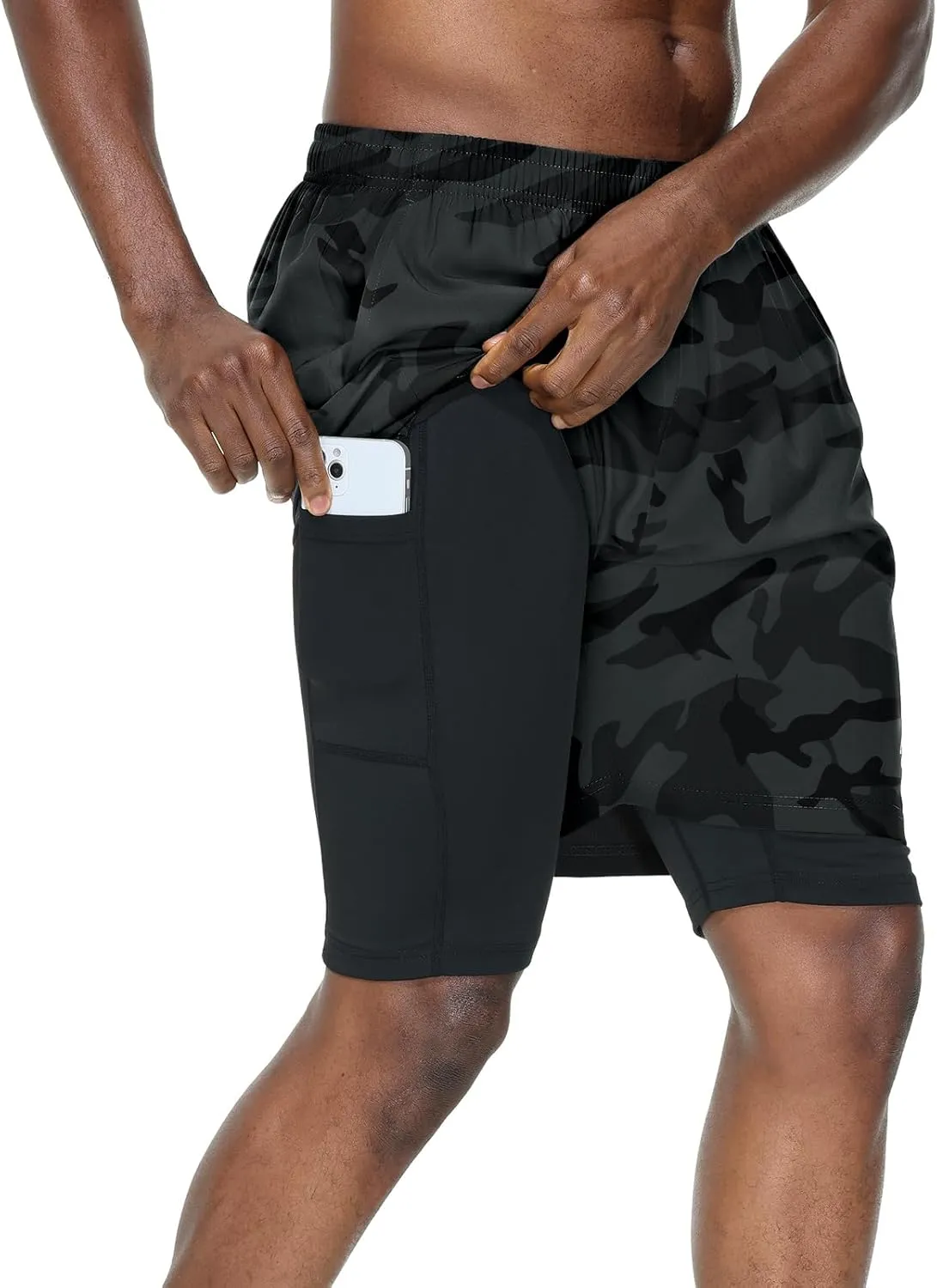 HMIYA Herren 2 in 1 Shorts Fitness Sporthose Kurz Jogginghose Schnelltrocknende Laufhose mit Kompressionsshorts und Tas…