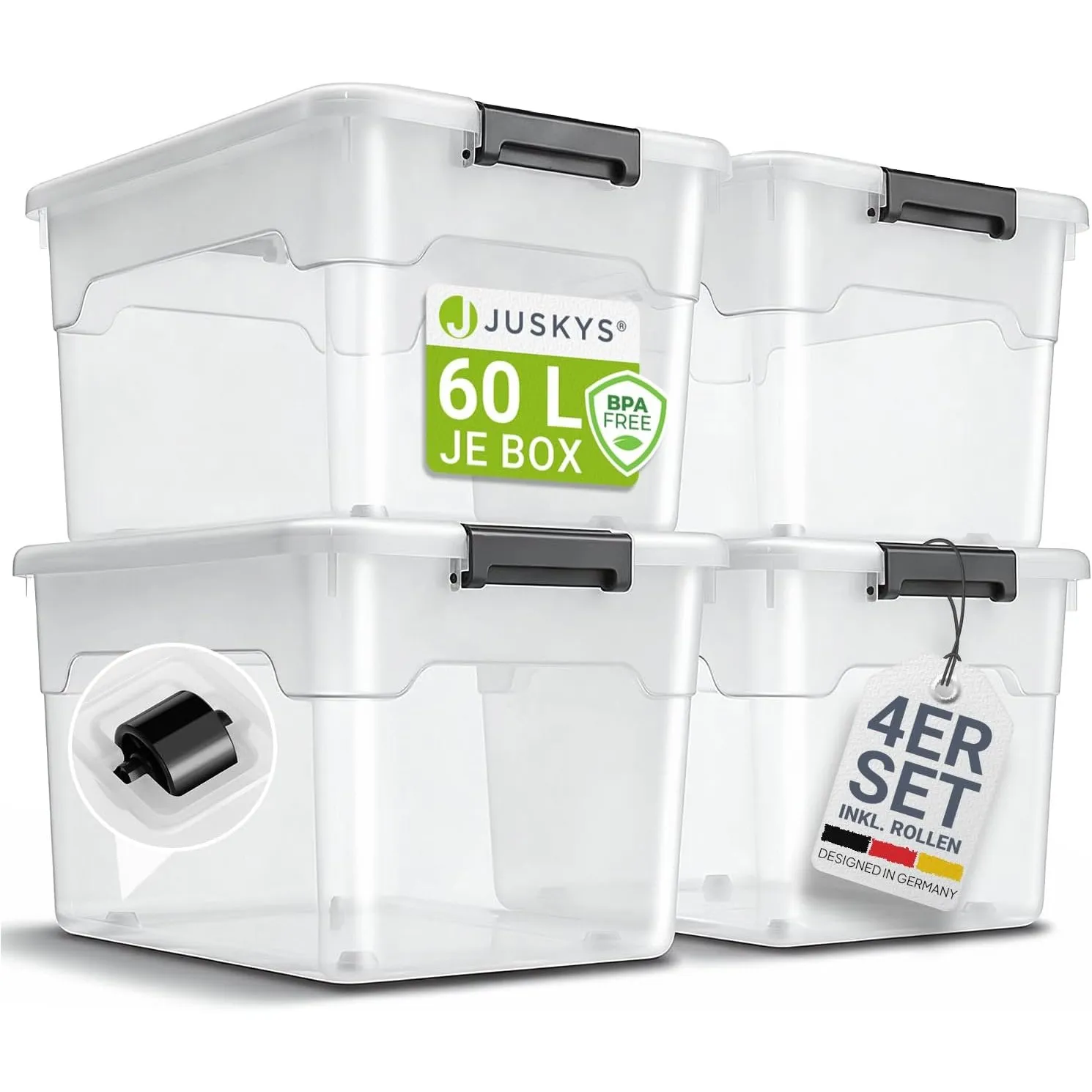 Juskys Aufbewahrungsbox mit Deckel - 4er Set Kunststoff Boxen 60l - Box groß, stapelbar, transparent - Aufbewahrung Ord…