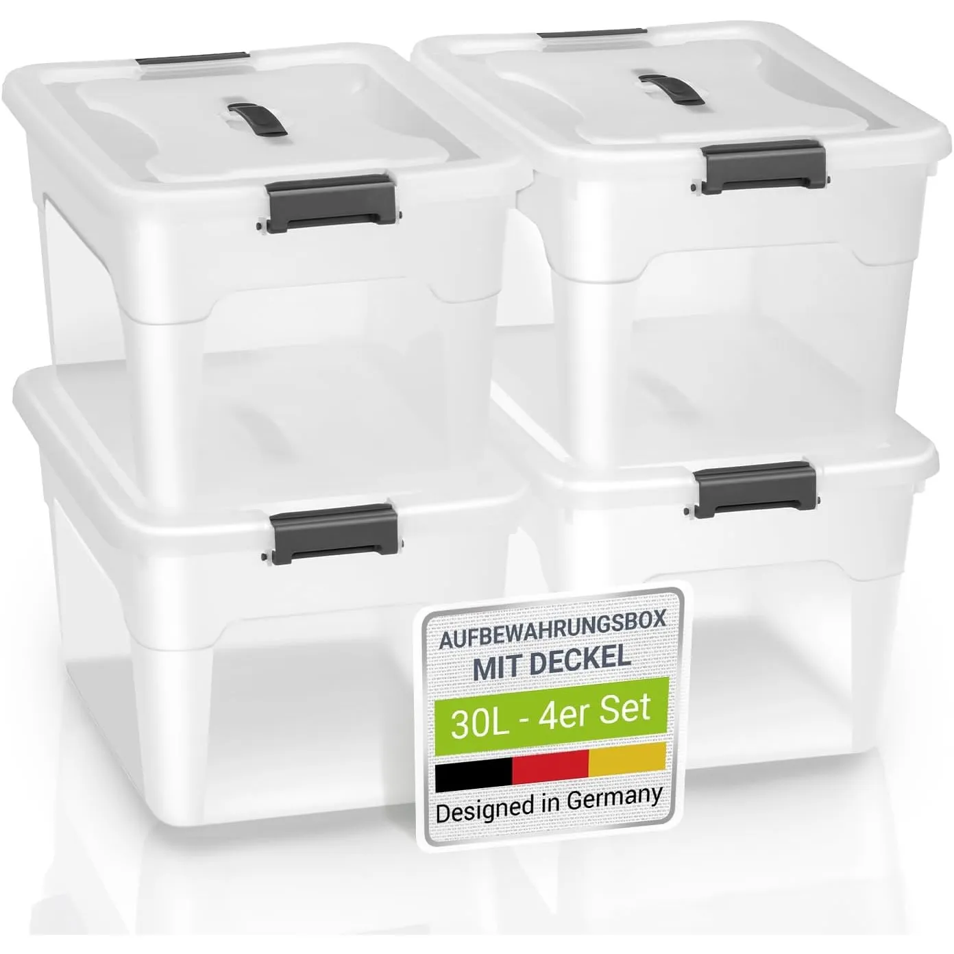 Juskys Aufbewahrungsbox mit Deckel - 4er Set Kunststoff Boxen 30l - Box groß, stapelbar, transparent - Aufbewahrung Ord…