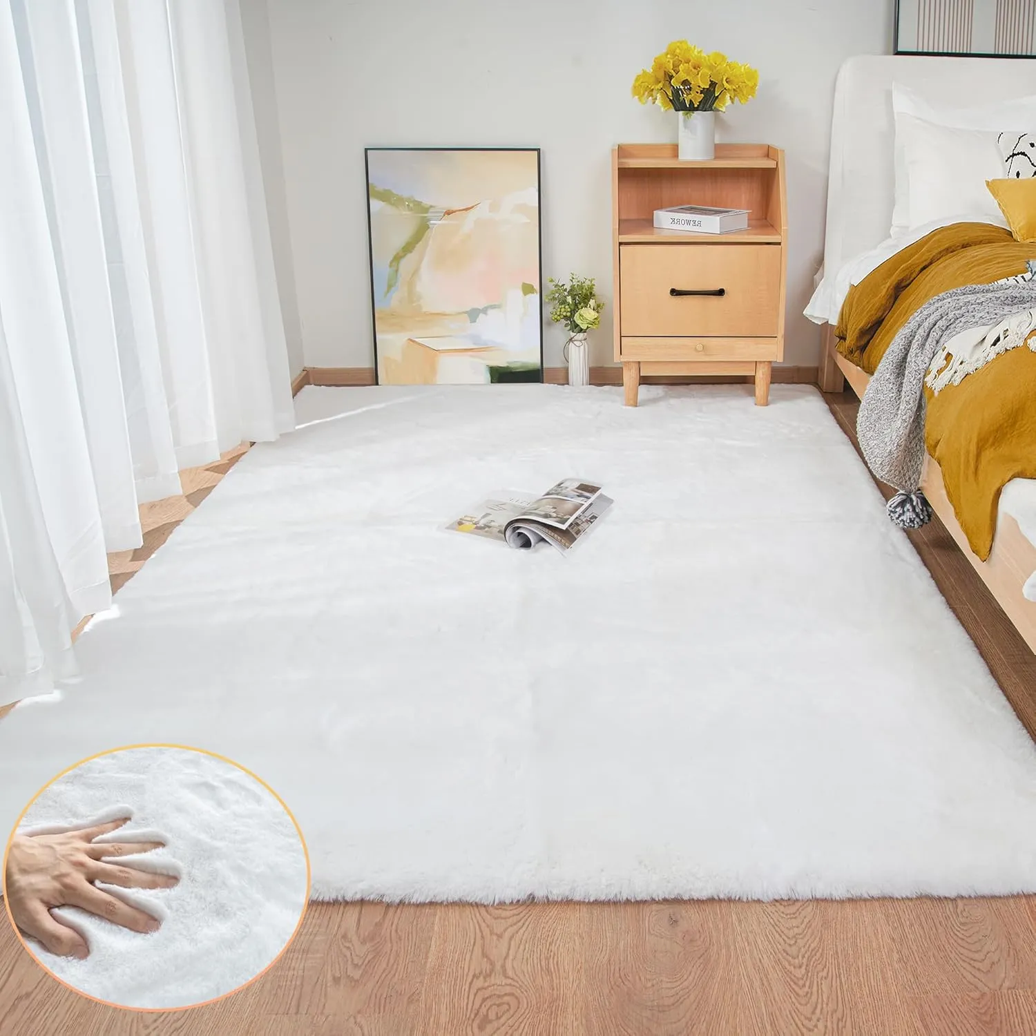 ORINOVA Teppich Wohnzimmer Waschbar Weiß 150x215 cm Schlafzimmer Flauschig Fellteppich Kinderzimmer Kunstfell Teppich W…