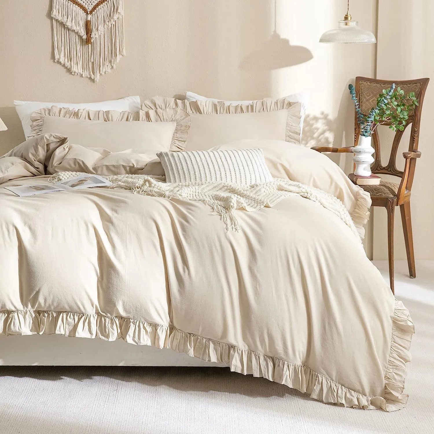 Bettwäsche Rüschen 155x220 Beige Uni Einfarbig Romantisch Rüschenbettwäsche Set 2 Teilig Microfaser Deckenbezug mit Kissenbezug 80x80 cm Reißverschluss