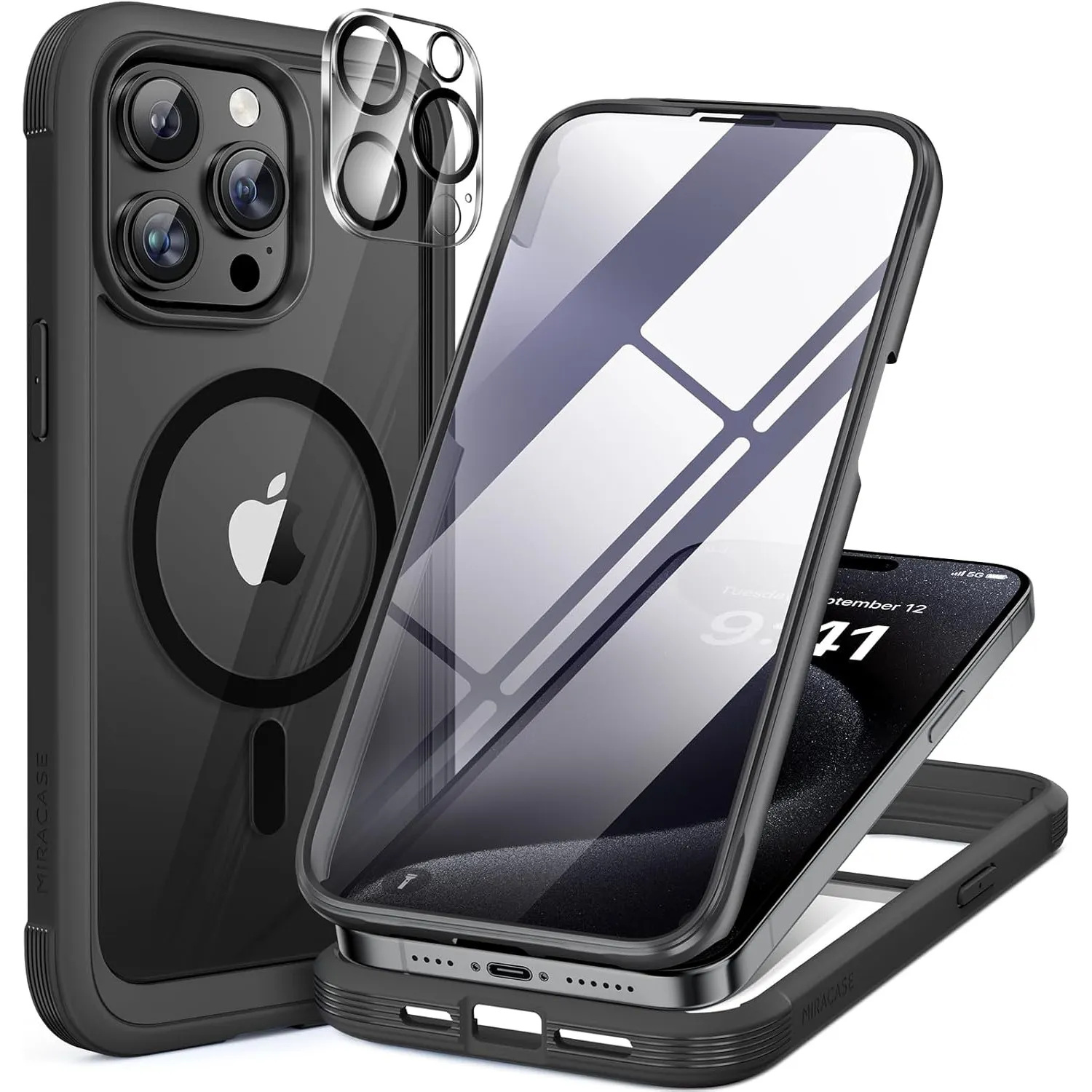 miracase Vollschutzhülle für iPhone 15 Pro Max, Magsafe, Schwarz