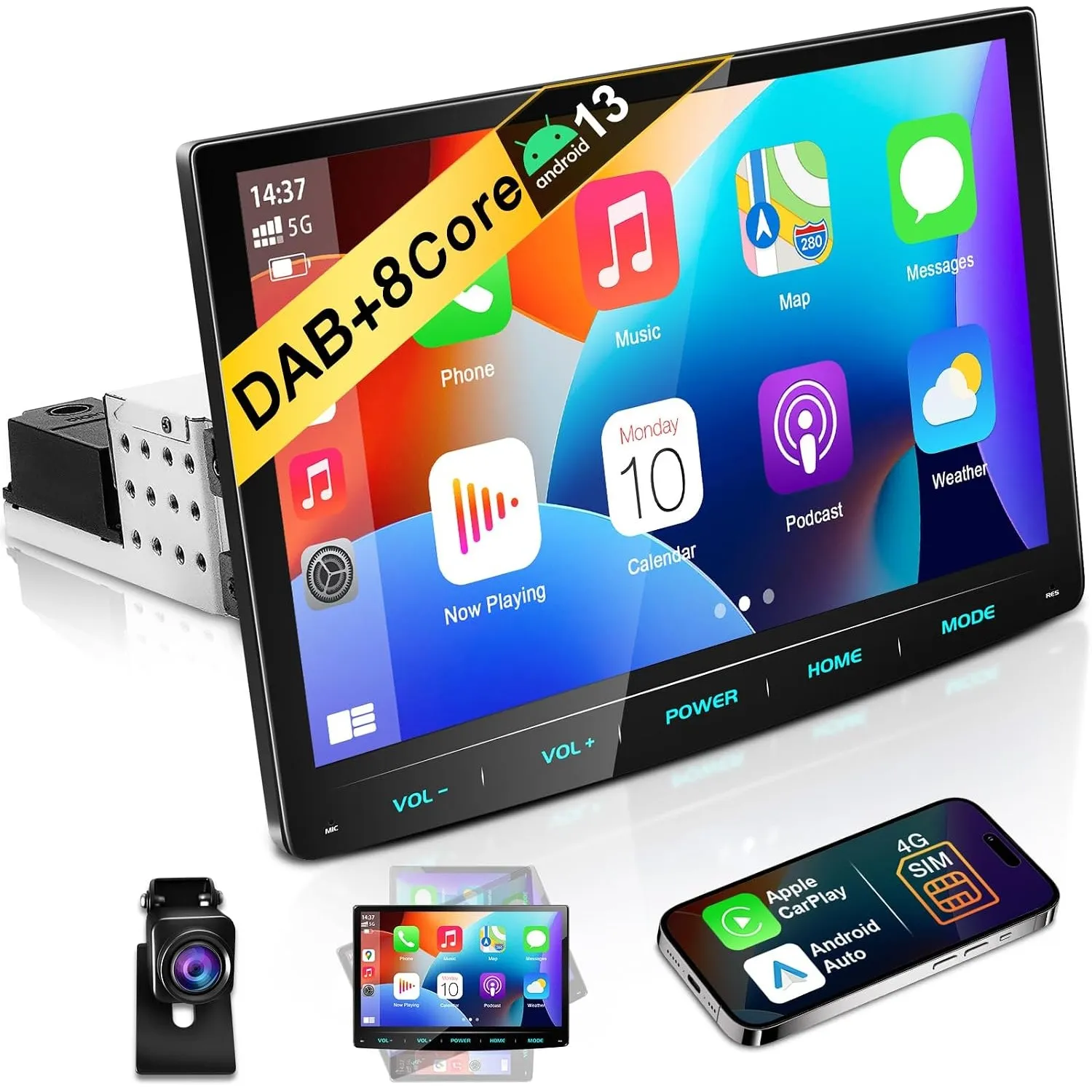 URVOLAX Android 13 Autoradio mit Bildschirm, 10.1'' Wireless CarPlay, DAB+