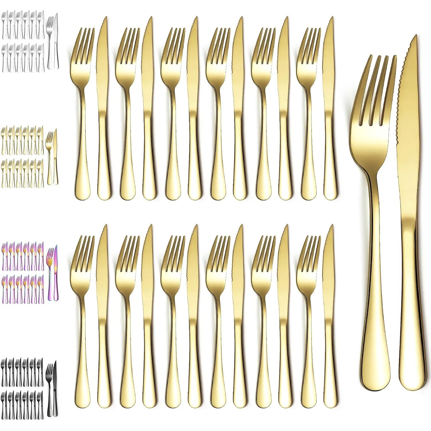 Evanda Gold Steakbesteck 24 teilig, Gold Titanbeschichtung Edelstahl 12 Tafelgabeln und 12 Tafelmesser Set, Steakmesser…