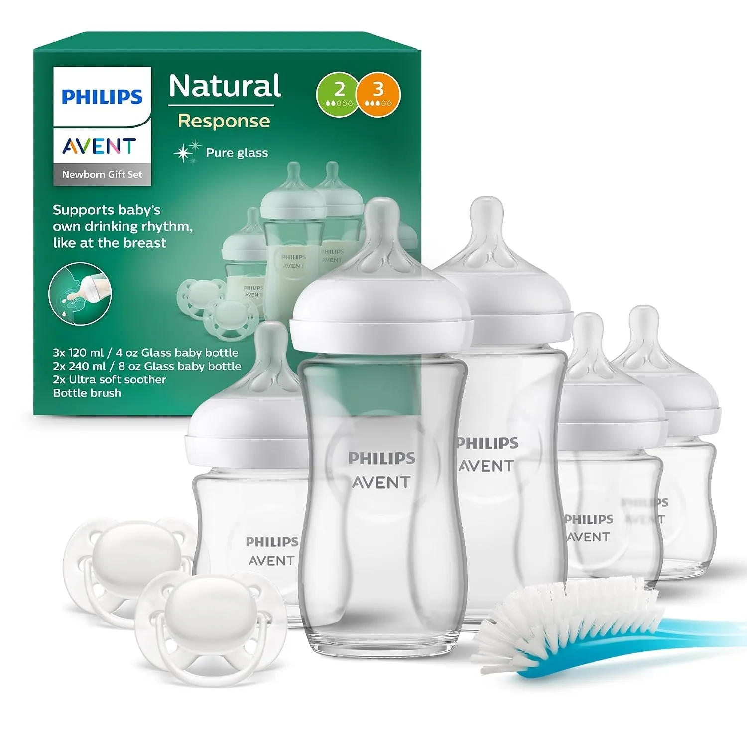 Philips AVENT Natural Response Glas-Geschenkset für Neugeborene – 3 x 120 ml und 2 x 240 ml Babyflaschen, 2 x ultra sof…