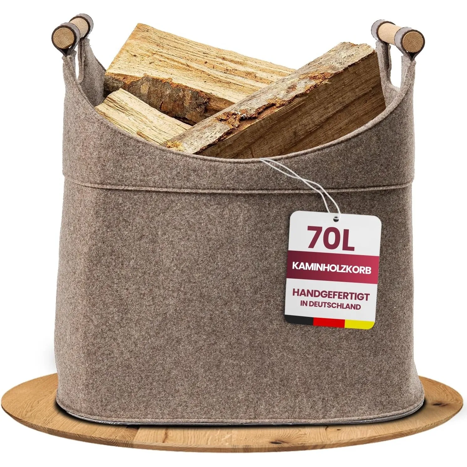 Filz Holzkorb für Kaminholz Groß [70 L] mit Echtholzhenkeln (Eiche) Plegeleichter Boden - Made in Germany - Kaminholzko…