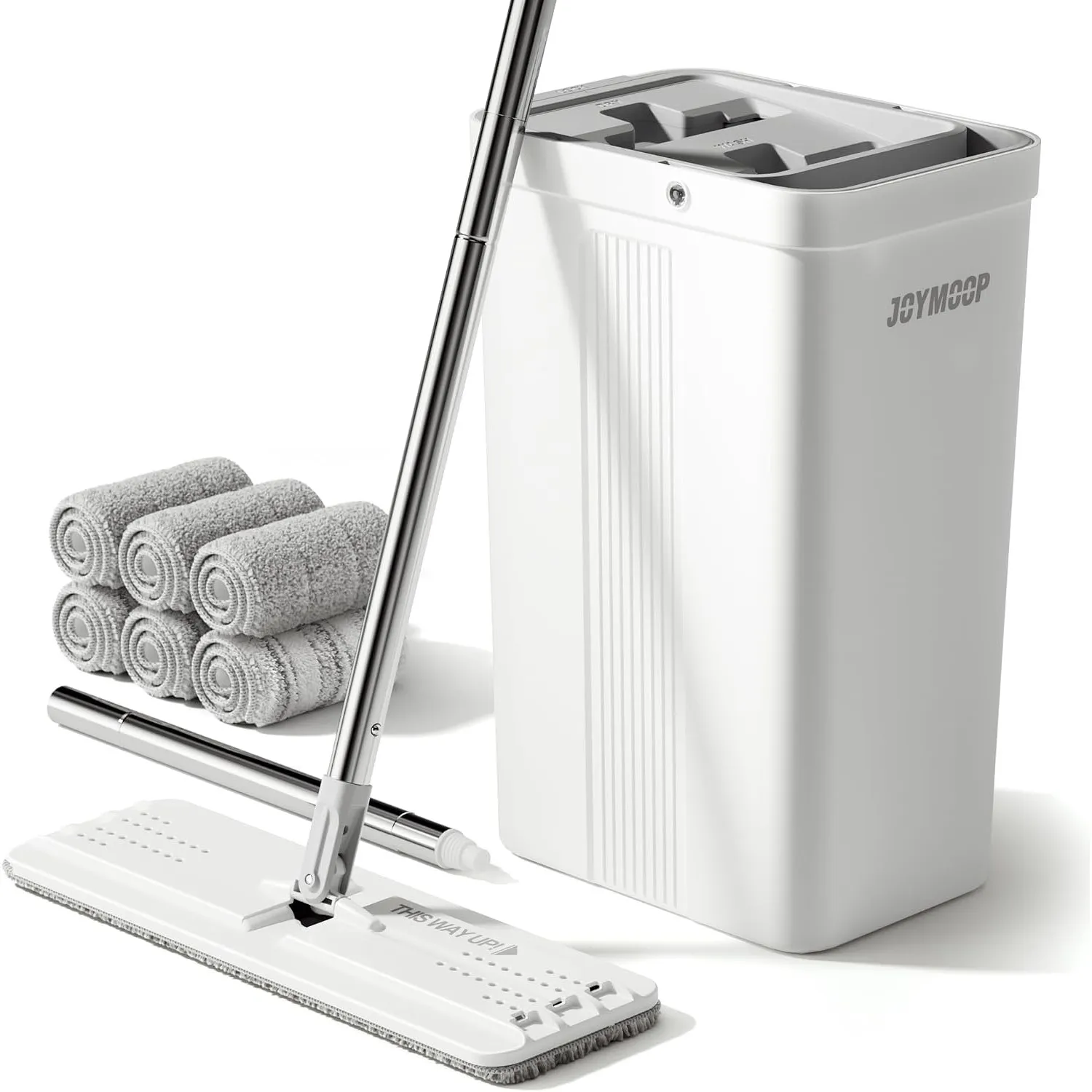 JOYMOOP Wischmopp und Eimer mit Auswringer-Set für Zuhause, weißes, flaches Quetsch-Mopp-Eimer-Set für Bodenreinigung, …