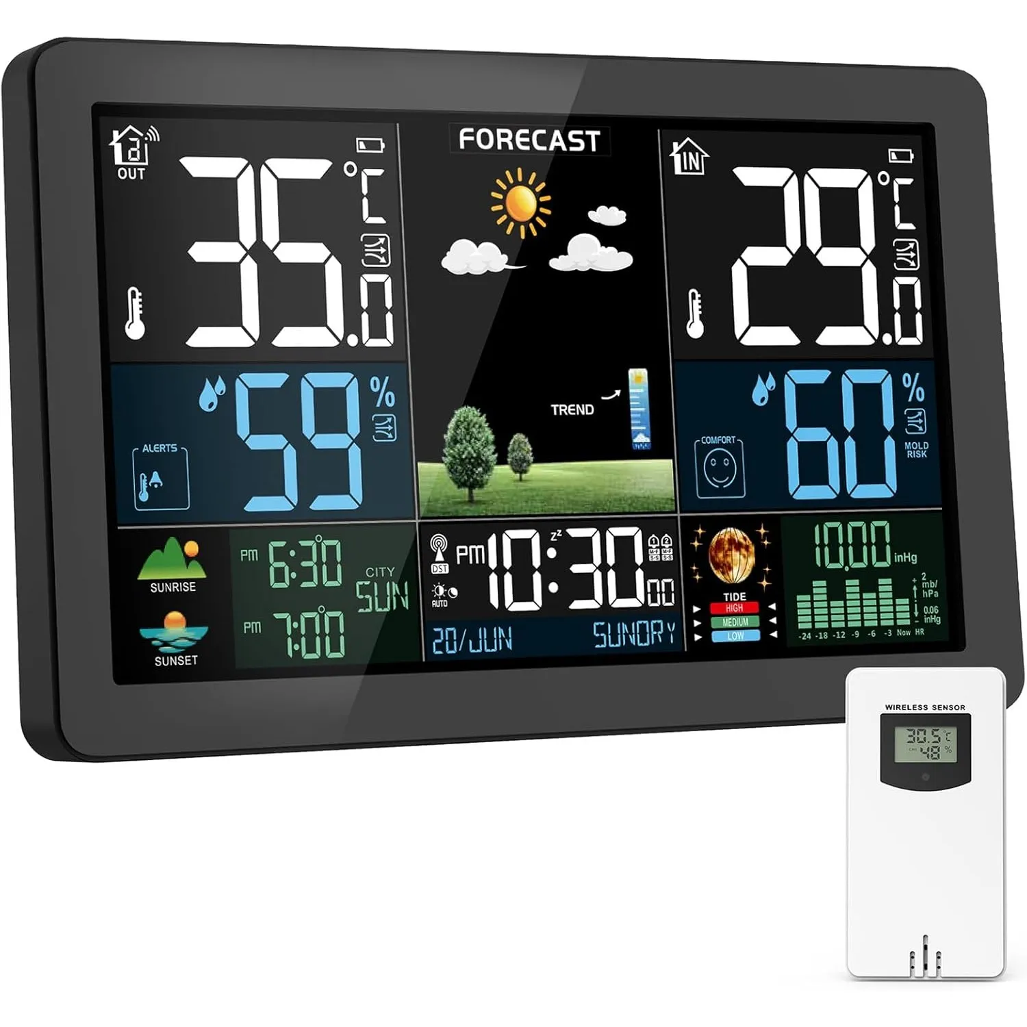 Wetterstation Funk mit Außensensor, Farbdisplay, Wettervorhersage, Temperatur, Luftfeuchtigkeit, Wecker mit Schlummerfu…