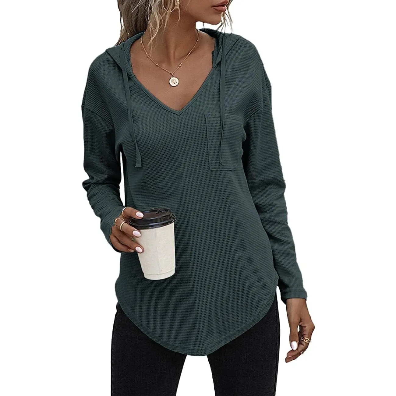 Cuptacc Pullover Damen Hoodie Mit Kordelzug V-Ausschnitt Kapuzenpullover