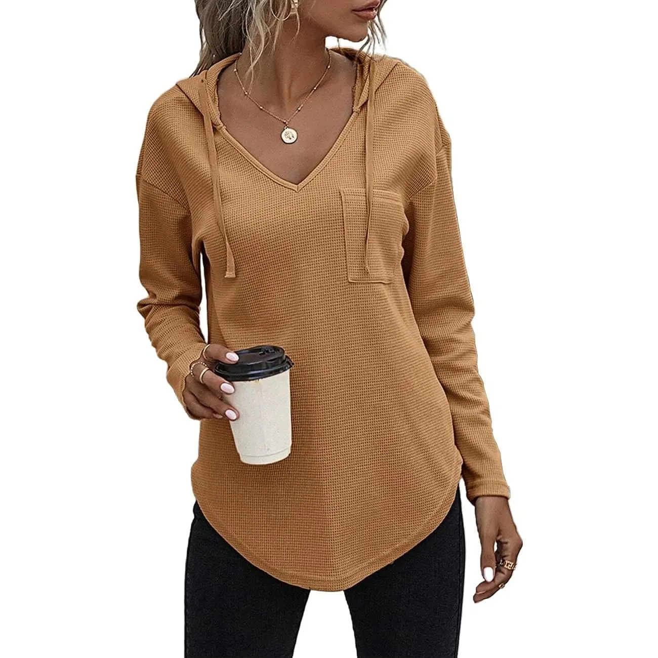 Cuptacc Pullover Damen Hoodie Mit Kordelzug V-Ausschnitt Kapuzenpullover