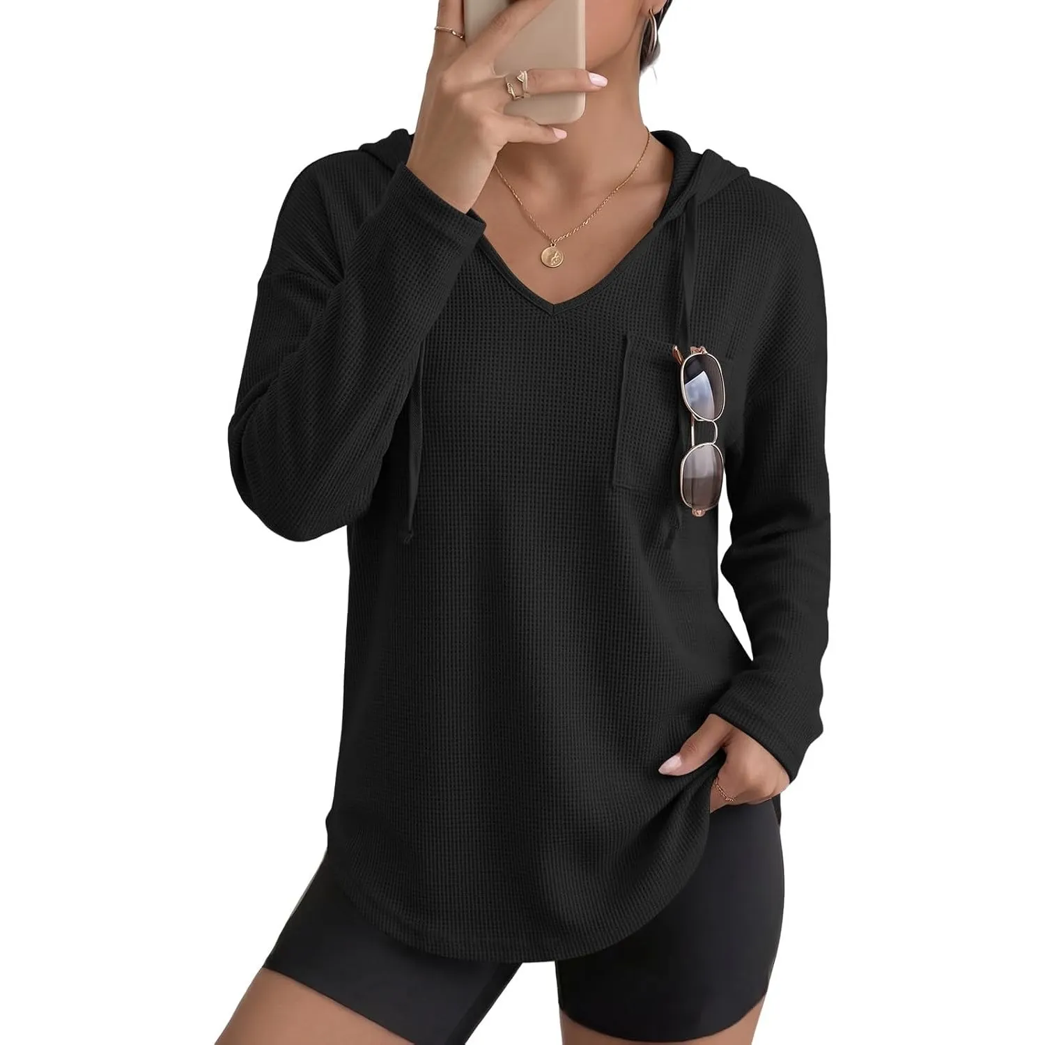 Cuptacc Pullover Damen Hoodie Mit Kordelzug V-Ausschnitt Kapuzenpullover