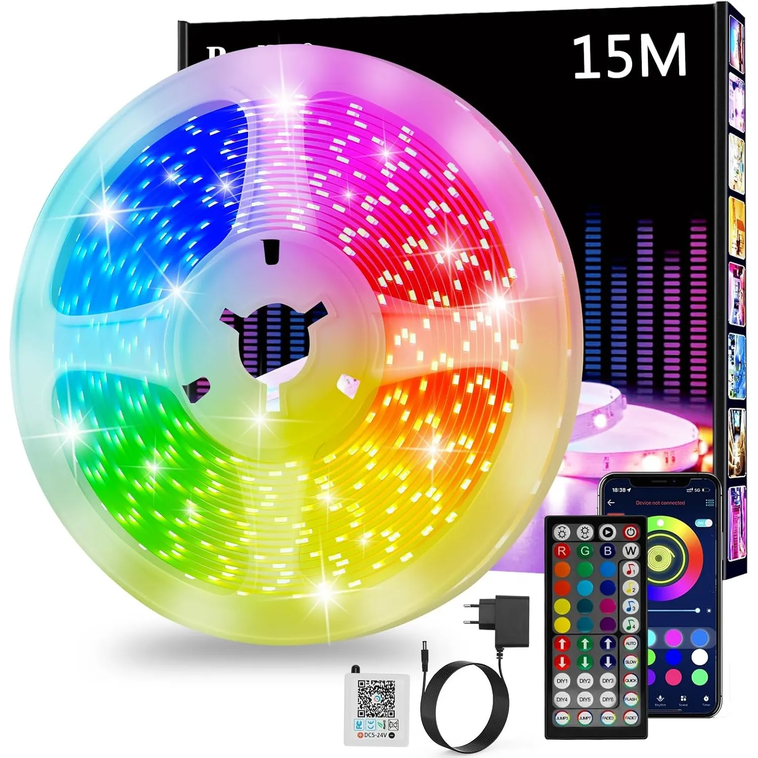 Led Strip 15m, RGB Led Streifen, Bluetooth Smart Led Band Selbstklebend, Led Leiste mit Fernbedienung und APP, Led Lich…