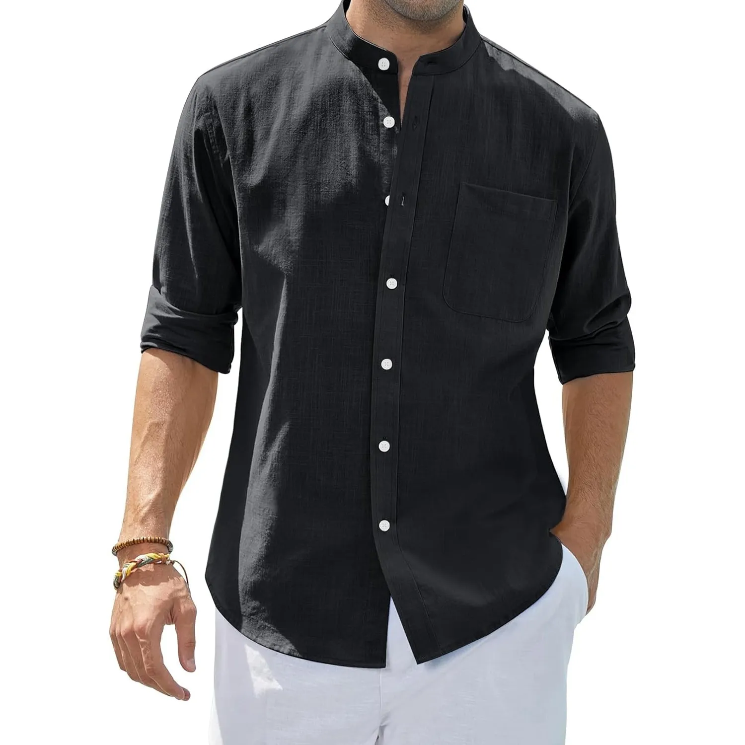 siliteelon Leinenhemd Herren Hemd Langarm Stehkragen Baumwolle Leinen Hemd Regular Fit Sommer Freizeithemden Business F…