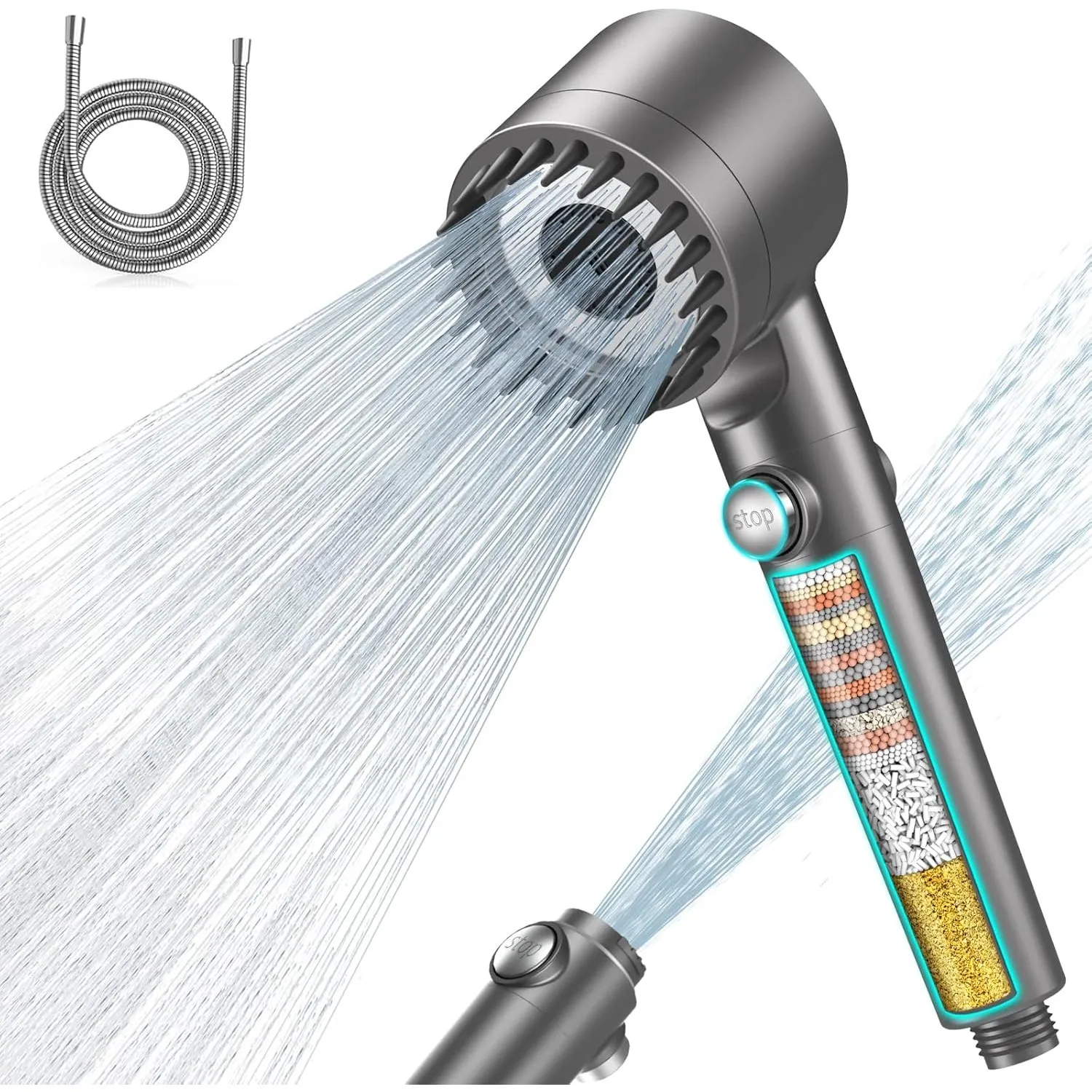 MEKO Duschkopf mit Filter in 15 Schichten, Hochdruck Handbrause mit 1,5 M Schlauch, 3+1 Strahlarten, Shower Head für En…