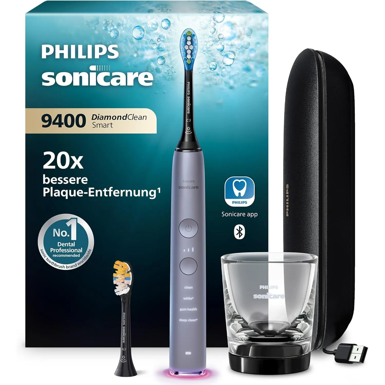 Philips Sonicare DiamondClean Smart 9400 elektrische Zahnbürste, Schallzahnbürste mit App, Drucksensor, Bürstenkopferke…