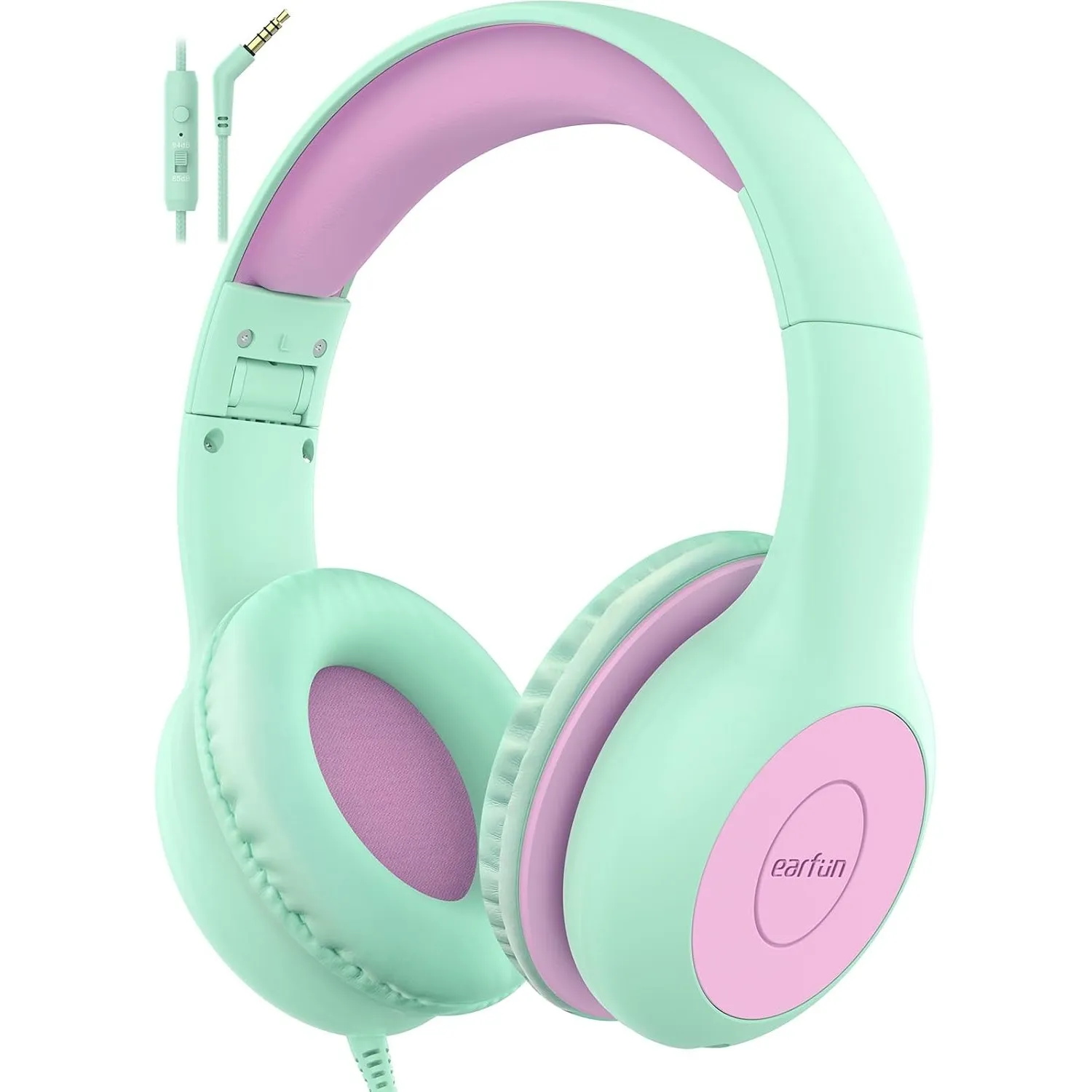 EarFun Kinder Kopfhörer mit 3,5 mm Kabel, Lautstärkebegrenzung, Grün-lila