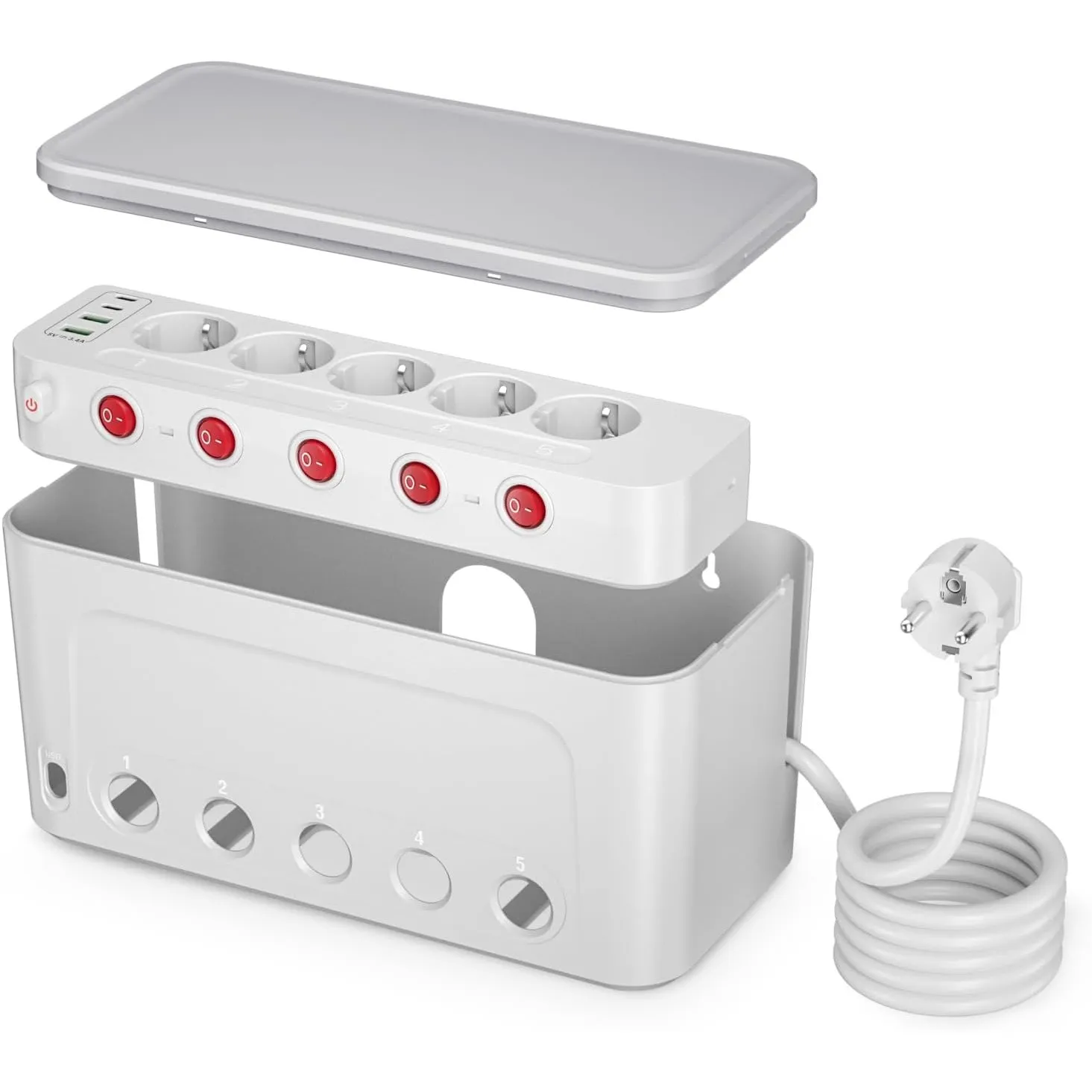 Kabelbox mit Steckdosenleiste Einzeln Schaltbar, 5-Fach Mehrfachsteckdose | Groß Kabel Organizer Box mit Steckerleiste,…