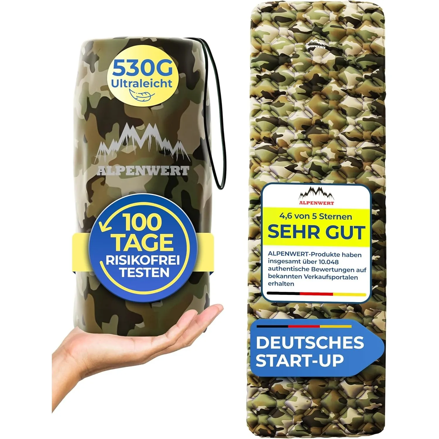 Alpenwert® Isomatte Outdoor [Kleines Packmaß & Ultraleicht] – Testsieger 2026 – 100 Tage risikofrei testen – Aufblasbar…