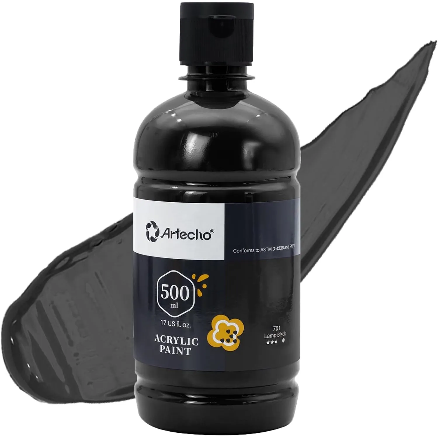 Artecho Acrylfarbe Schwarz 500 ml, Wasserfest und Lichtecht, Schnell Trocknend, Acrylfarbe für Leinwand, Holz, Stoff, H…