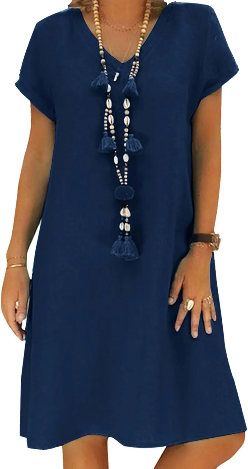 Summer Dress, Women's Linen Dresses, Casual, V-Neck Midi Dress, Short Sleeve A-line Dress, Beach Dress Without Accessor…