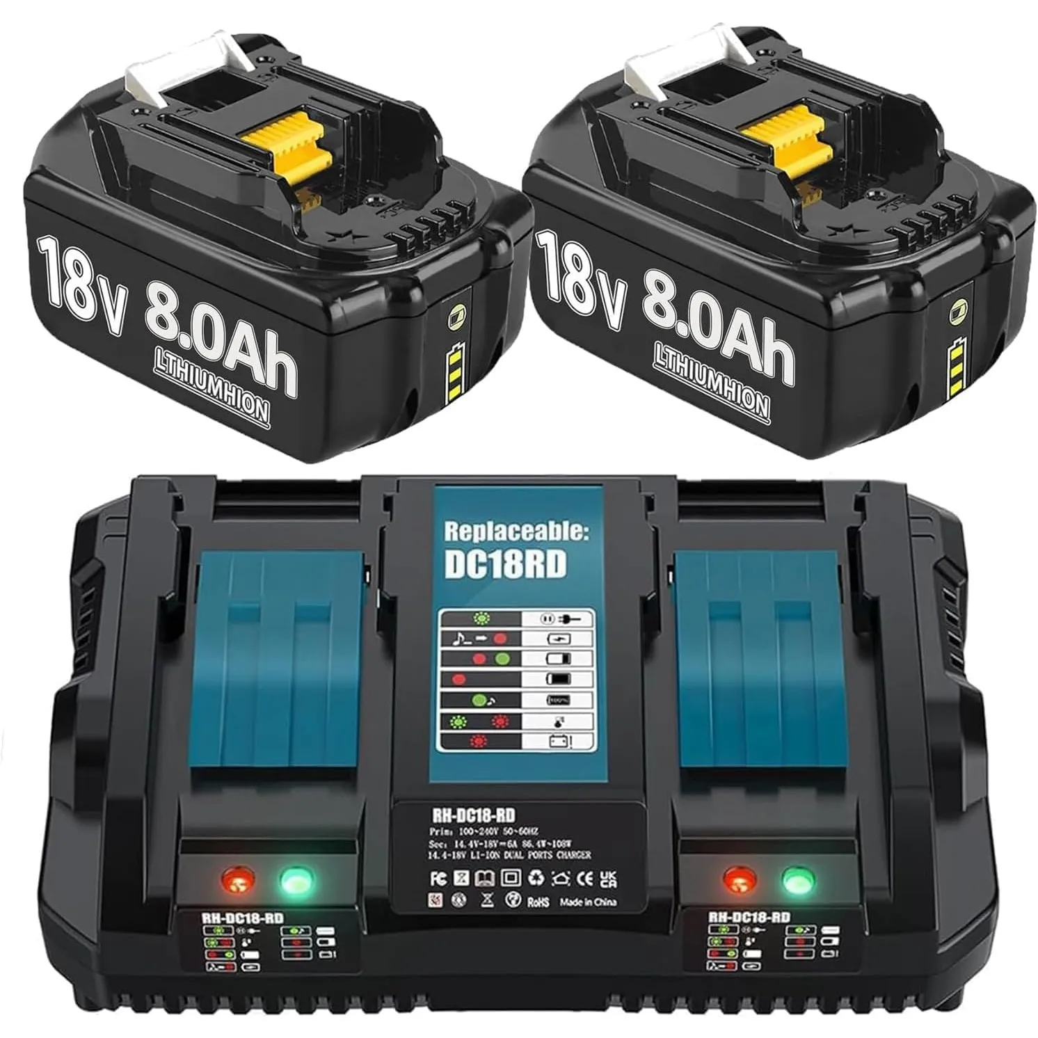 Hohe Kapazität 18V 8.0Ah/8000mAh Verbesserte 2X Ersatzakku für makita + Dual Port 6A Ladegerät DC18RD Kompatibel für BL…