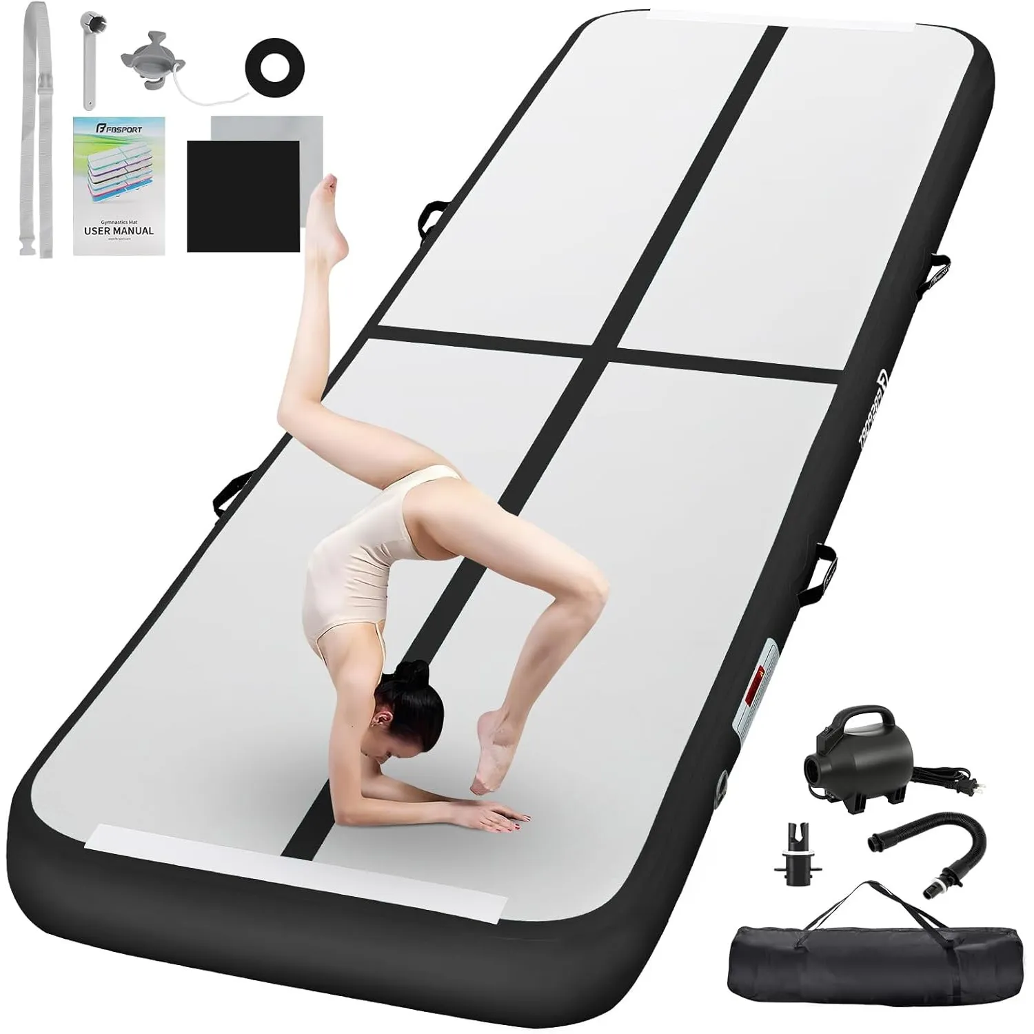 FBSPORT Airtrack Matte,10/20cm Hoch Verdicken 2/3/4/5/6 M Tumbling Matte,Gymnastikmatte mit Luftpumpe,Trainingsmatte mi…