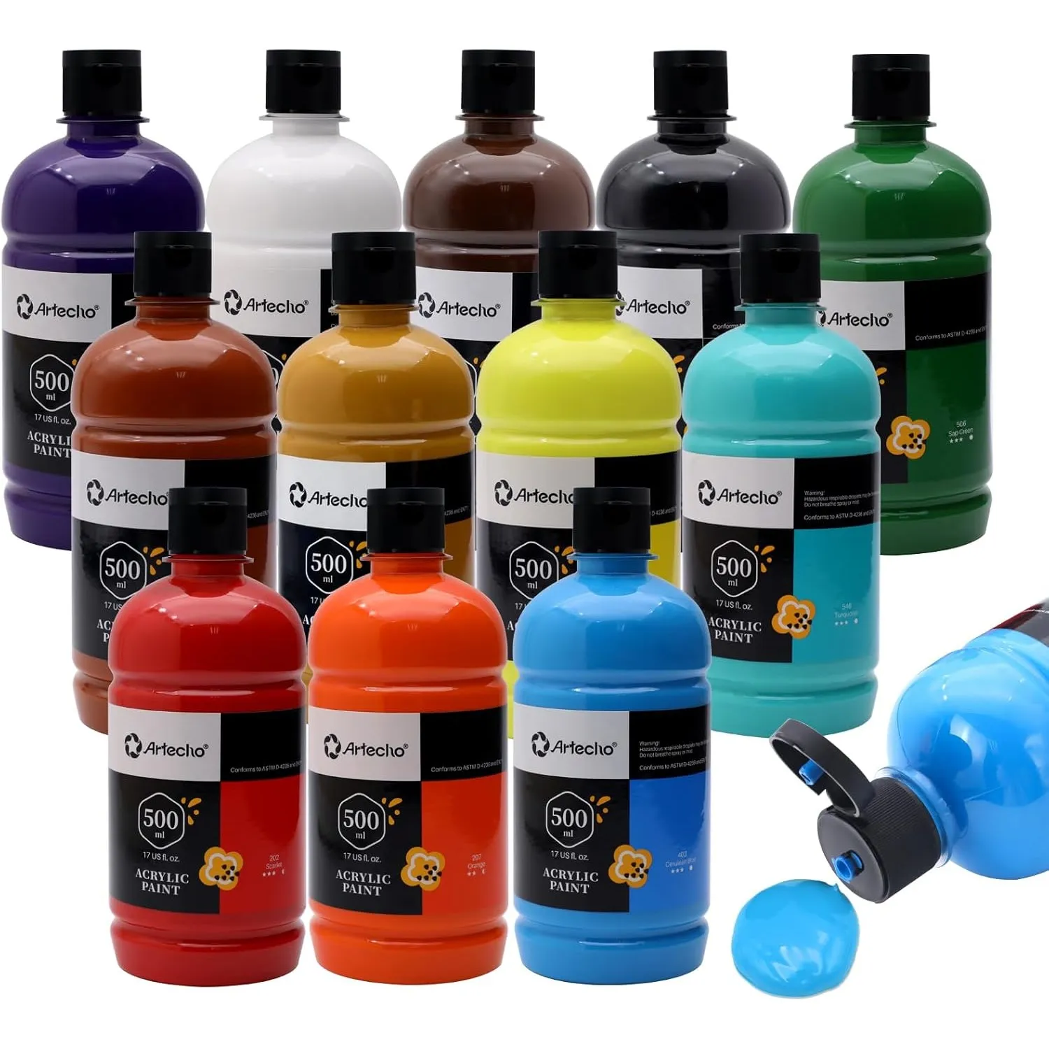 Artecho Acrylfarben Set Professional 12x500 ml, Acrylic Paint Set, Wasserfest und Lichtecht, Schnell Trocknend, Ideal f…