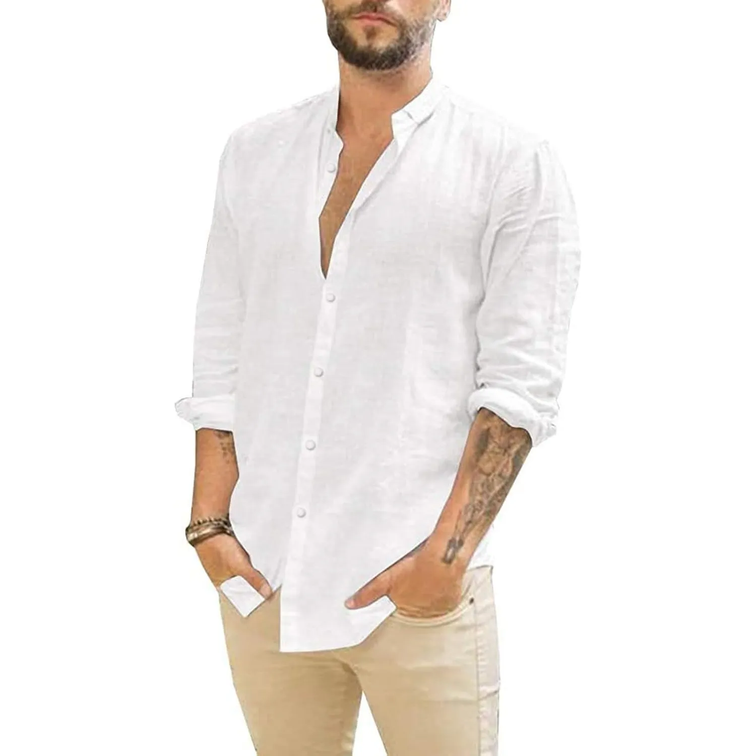 Friptspyg Leinenhemd Herren Hemd Langarm Baumwolle Leinen Hemden Button-Down Freizeithemden Casual Regular Fit Sommerhe…
