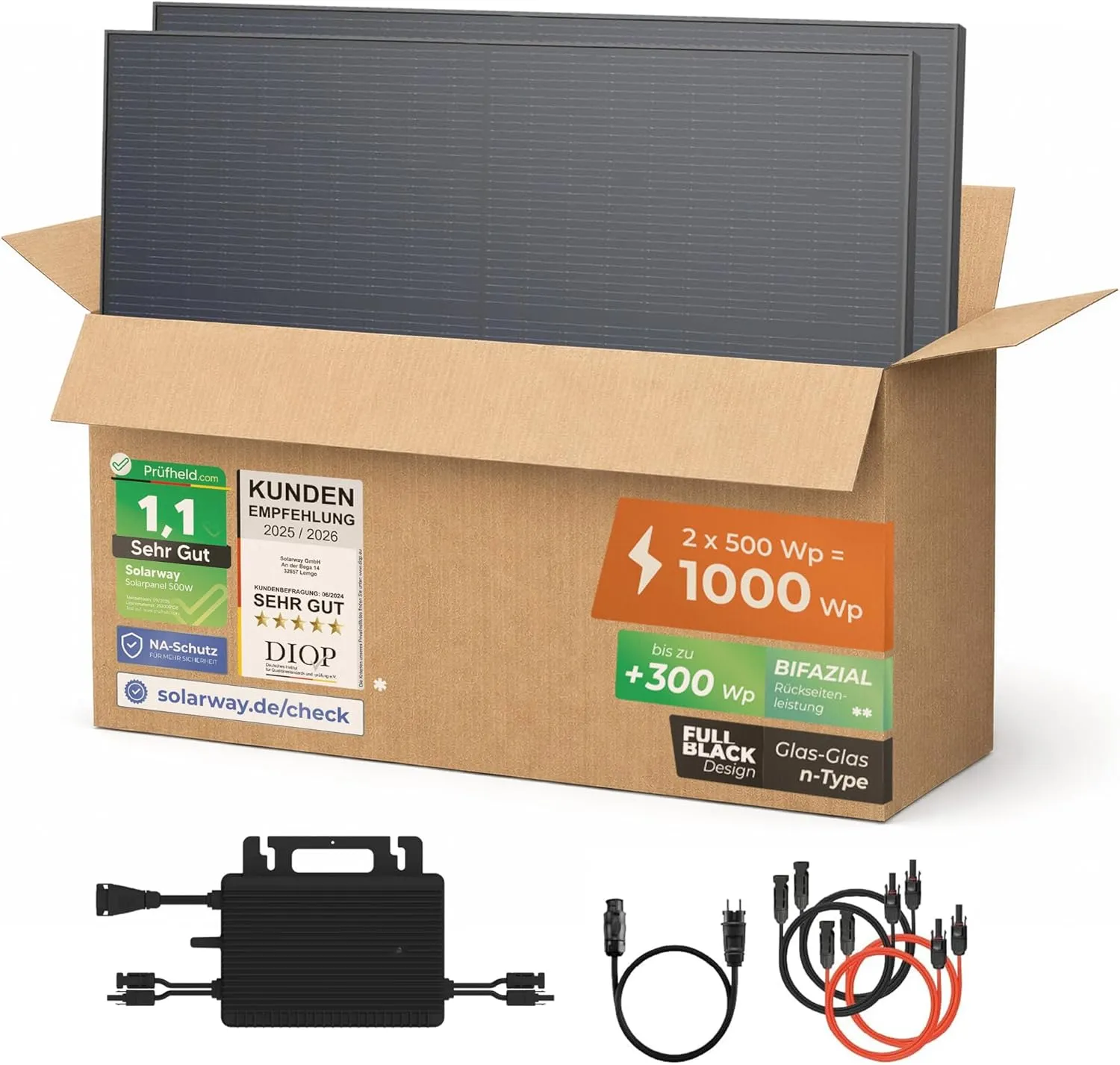Solarway® Balkonkraftwerk 800W mit 1000Wp Solarmodulen – Komplettset mit Hoymiles HMS-800W-2T Wechselrichter – 2× 500W …