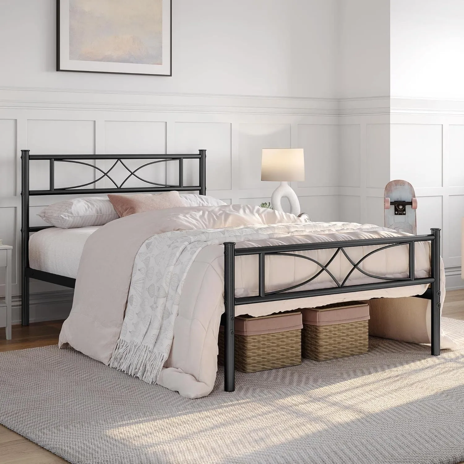 Yaheetech Metallbett 90 x 200 cm Bettrahmen mit Hohem Kopfteil Gästebett