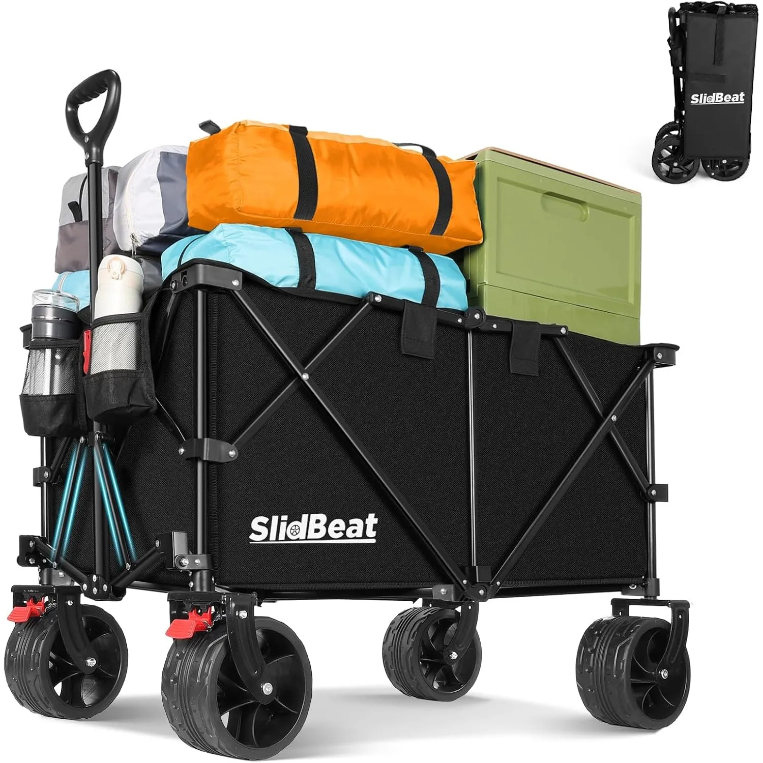 SLIDBEAT XXL Bollerwagen Faltbar 220L 200KG, Faltbarer Bollerwagen mit Bremsen, Getränkehalter Verstellbarem Griff Klap…