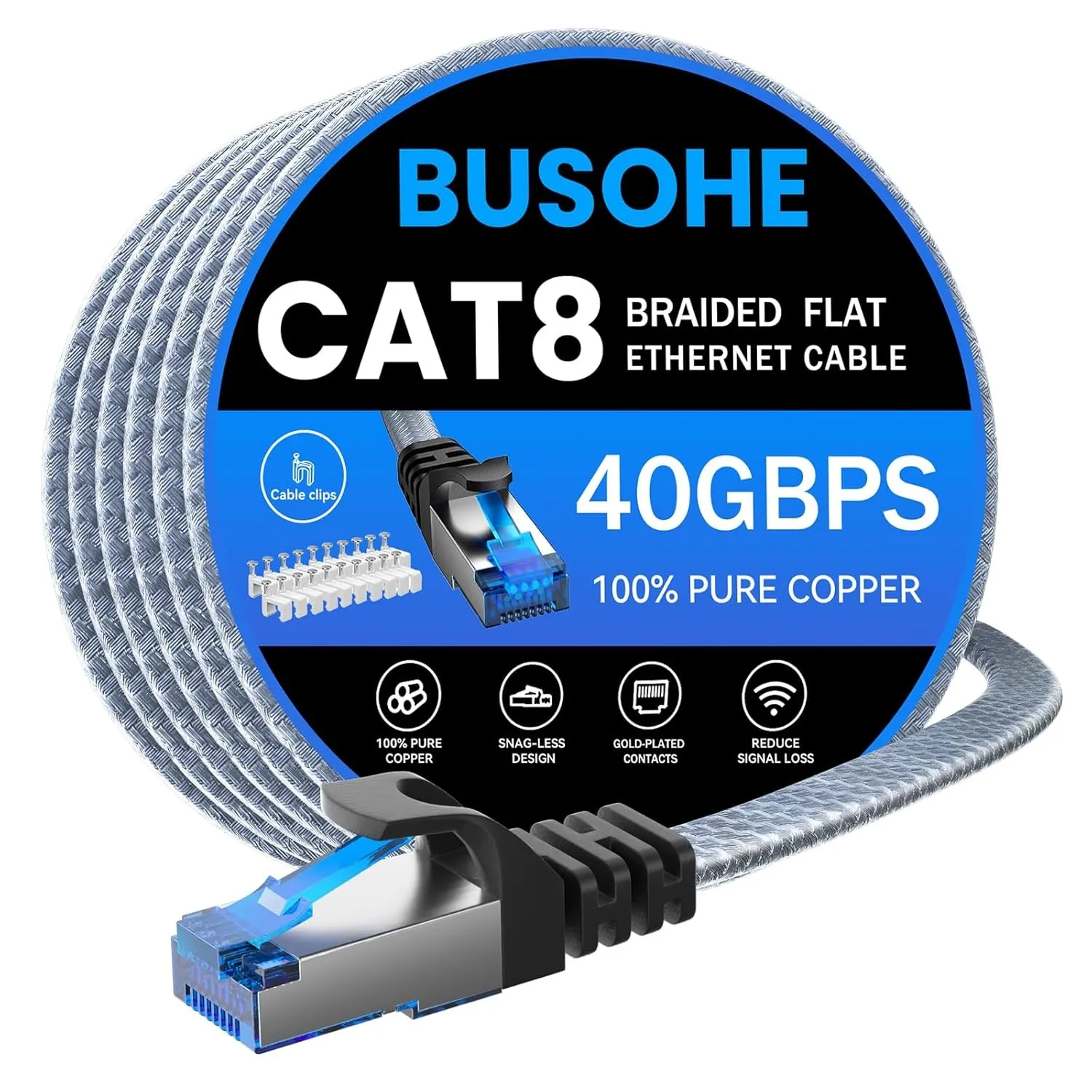 BUSOHE Cat 8 LAN Kabel 20Meter, 40Gbps Netzwerkkabel Ethernet Kabel Grau | Flach Hochgeschwindigkeits Gigabit RJ45 Patc…