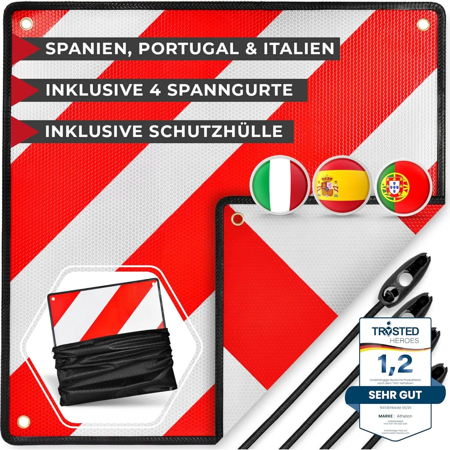 ATHELON® 3in1 Warntafel für Italien, Spanien & Portugal - Reflektierendes Warnschild inklusive 4x Spanngurte & Schutzhü…