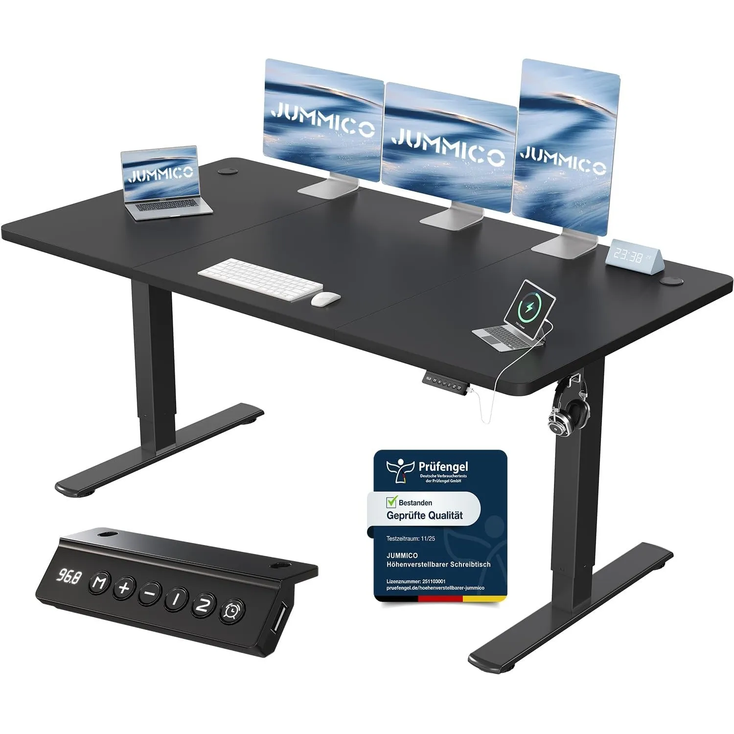 JUMMICO Höhenverstellbarer Schreibtisch 160 x 70 cm, USB-A-Anschluss | Schreibtisch Höhenverstellbar Elektrisch, Erinne…