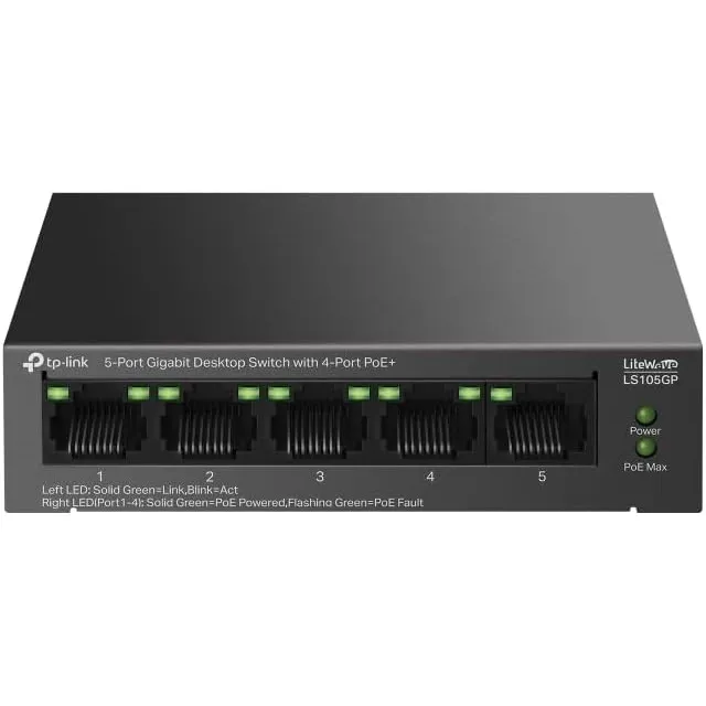TP-Link LS105GP, 5-Port PoE Gigabit Ethernet Switch, 4 PoE+ Ports mit 62 W, Plug & Play, Extend-Modus, PoE Auto Recover…