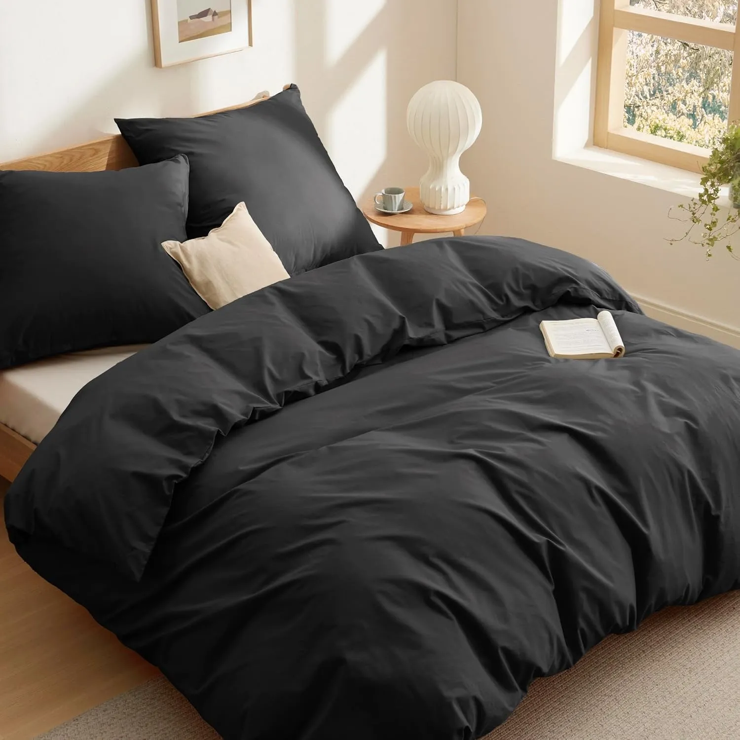 BEDSURE Bettwäsche 155x220 Baumwolle 3tlg. - Schwarz Set 2x80x80 Kissen