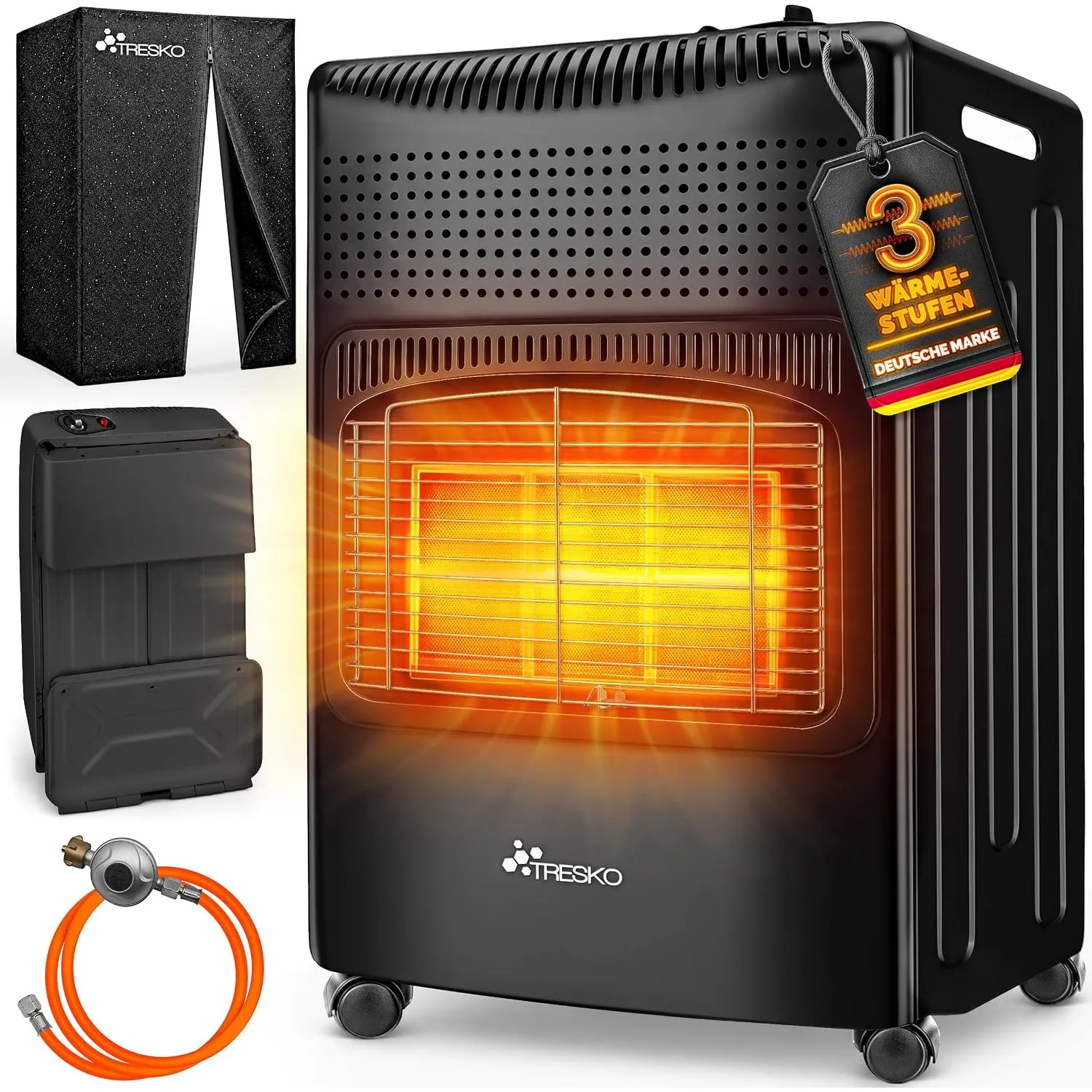 TRESKO® 4200 Watt Gasheizung inkl. Gasdruckregler Gasschlauch + Abdeckung