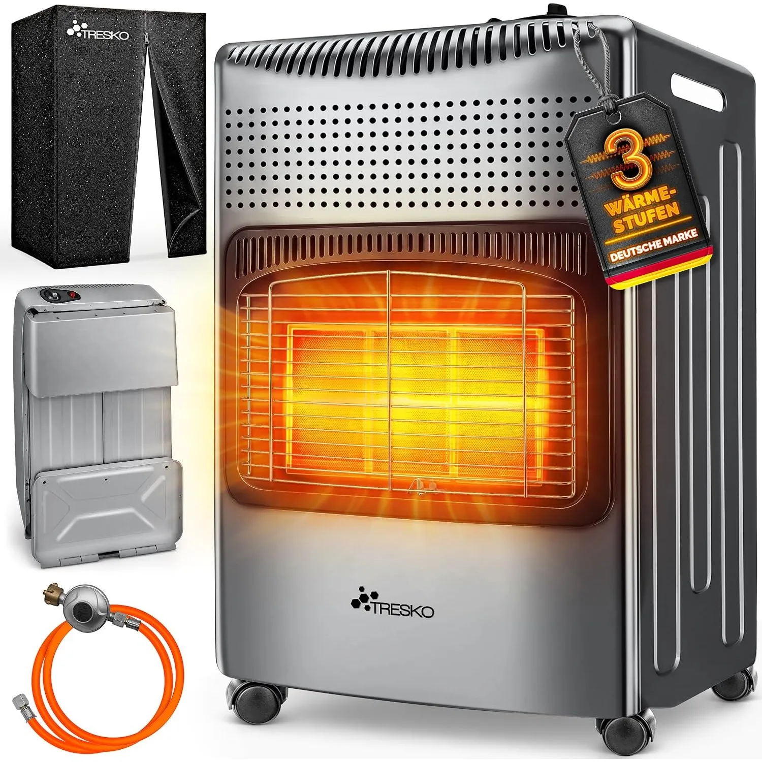 TRESKO® 4200 Watt Gasheizung inkl. Gasdruckregler Gasschlauch + Abdeckung