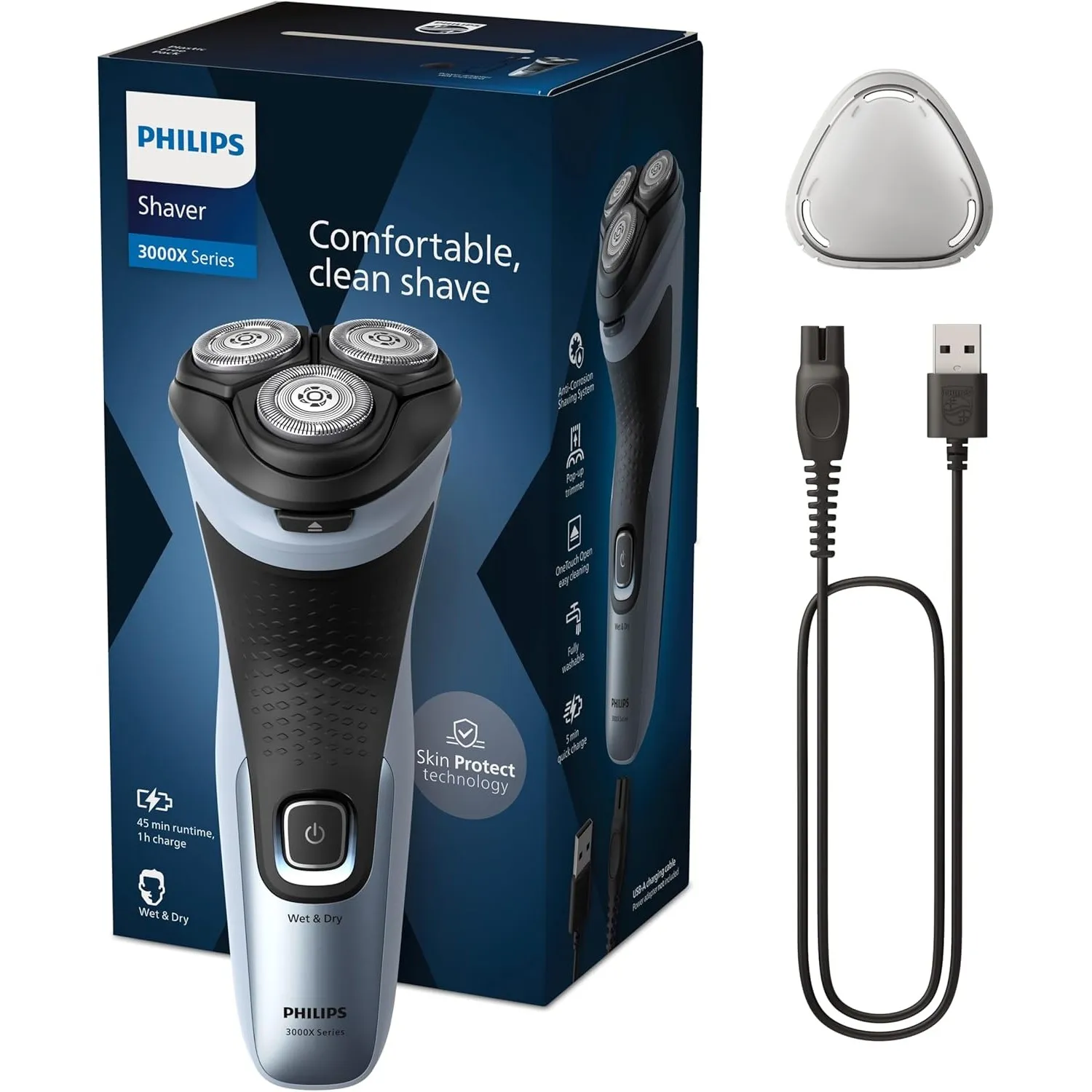Philips Shaver Series 3000X – Elektrischer Rasierer für Herren, Nass- und Trockenrasur, Himmelblau, mit SkinProtect-Tec…