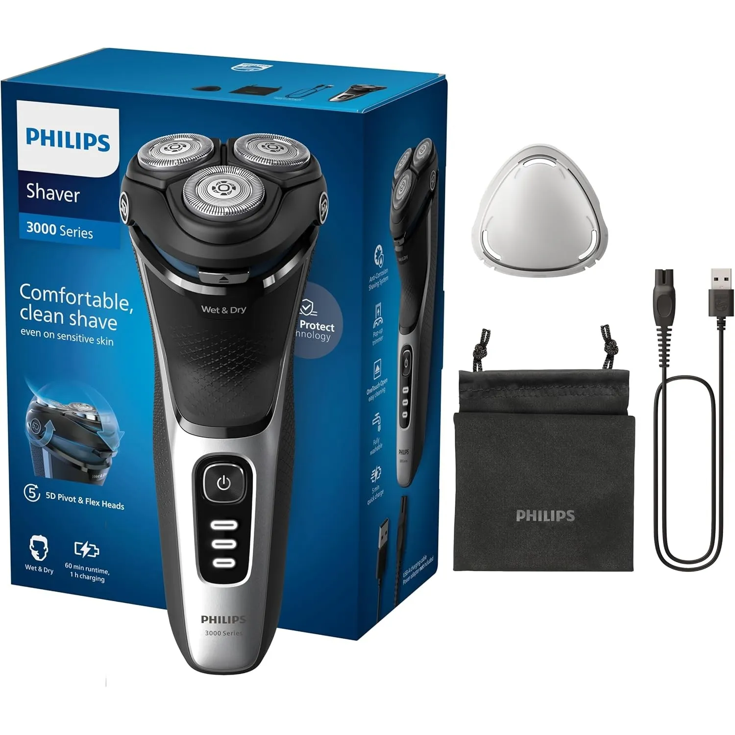 Philips Rasierer Series 3000 – Elektrischer Nass- und Trockenrasierer für Herren in Schwarz, mit SkinProtect-Technologi…