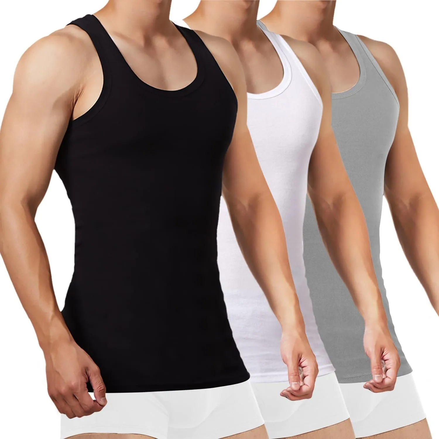 FALARY Unterhemd Herren 3/5er Pack Tank Top 100% Baumwolle Männer Weiß Schwarz Mehrfarbig alle Größen gekämmte Feinripp