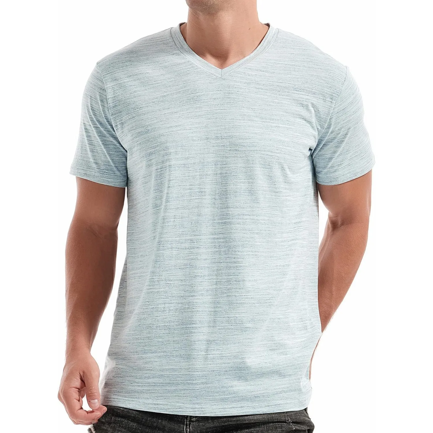 RONOMO Herren Basic T-Shirt, hoher V-Ausschnitt T-Shirt-V2 | Herren T-Shirt mit X-Stickung am Kragen (Rundhals) & hohem…