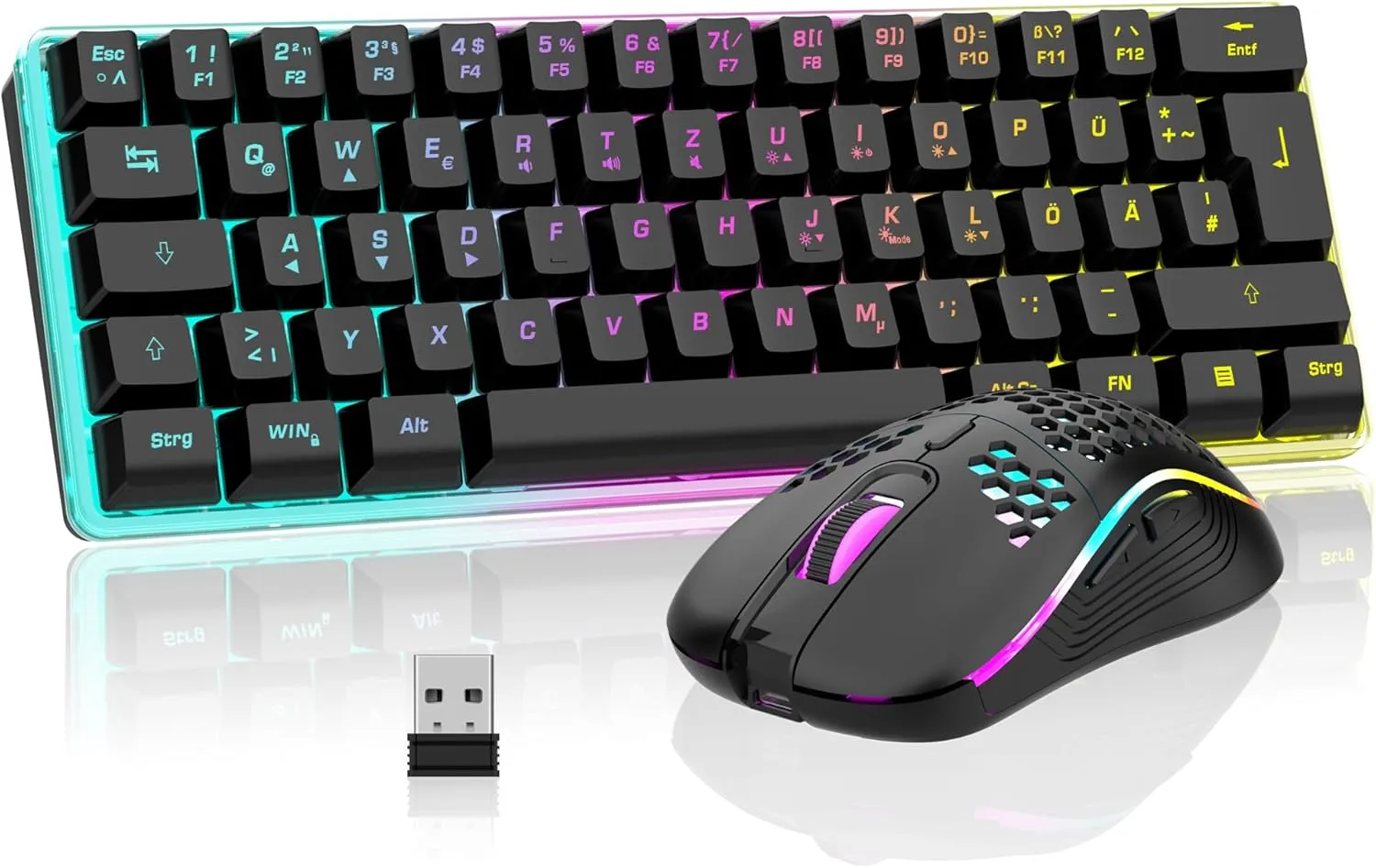 RedThunder 60% Kabelloses RGB Gaming Tastatur und Maus Set, QWERTZ DE Layout, Wiederaufladbare Funktastatur mit Ultrale…